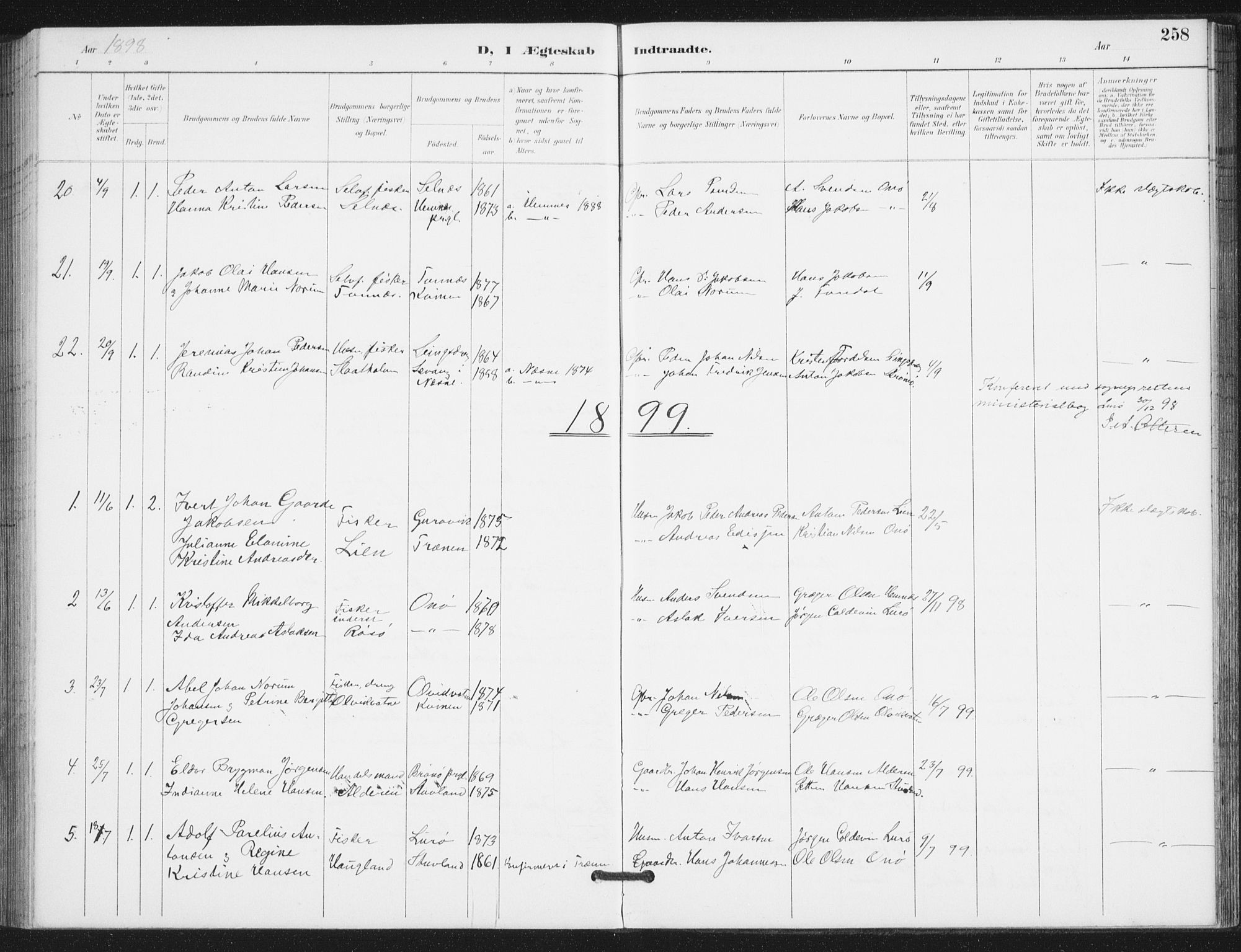 Ministerialprotokoller, klokkerbøker og fødselsregistre - Nordland, SAT/A-1459/839/L0573: Parish register (copy) no. 839C03, 1892-1917, p. 258