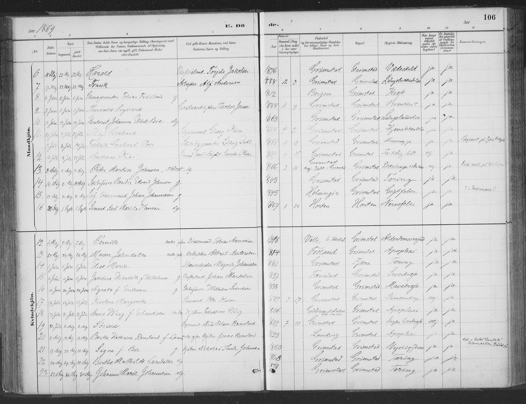 Grimstad sokneprestkontor, AV/SAK-1111-0017/F/Fa/L0004: Parish register (official) no. A 3, 1882-1910, p. 106