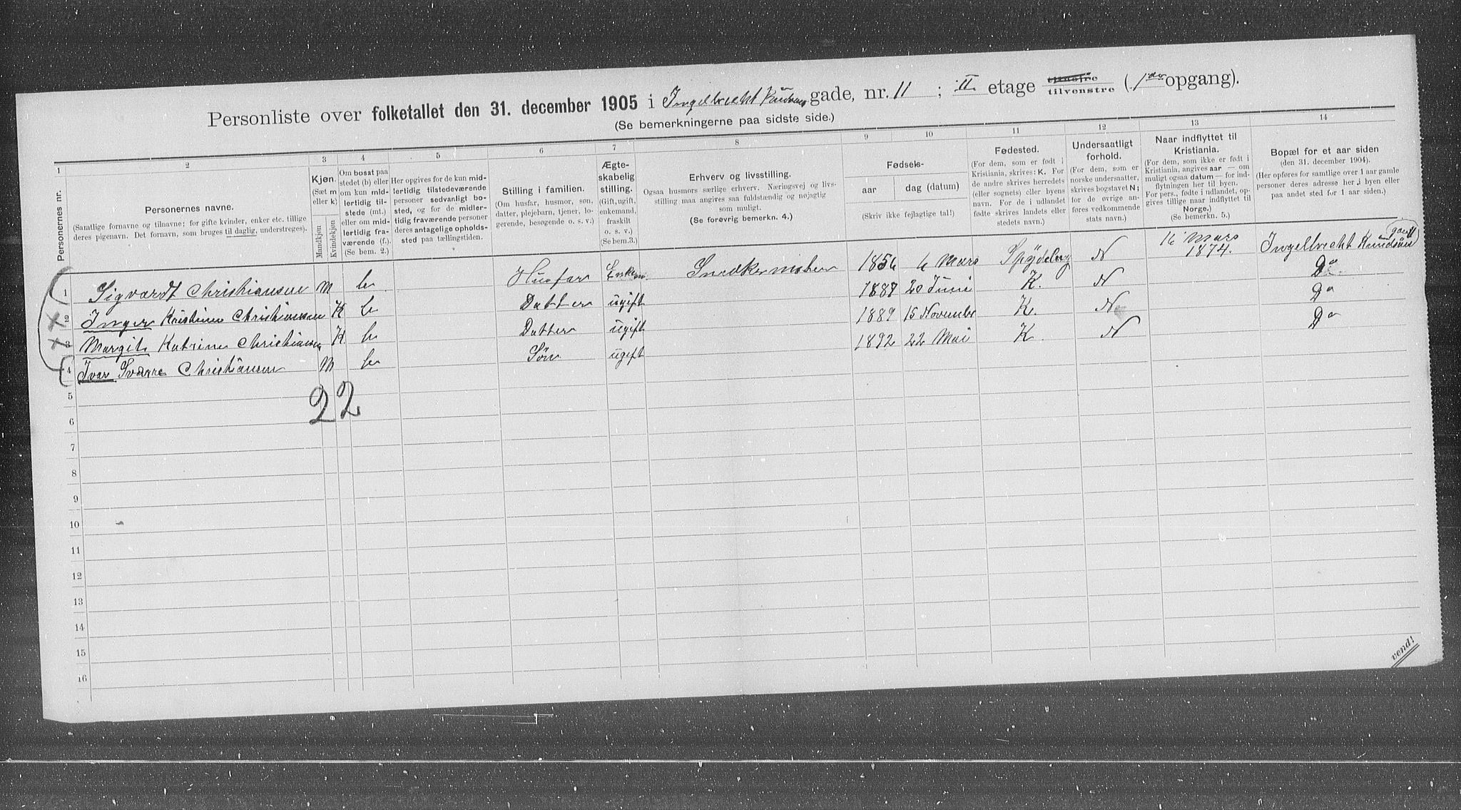 OBA, Municipal Census 1905 for Kristiania, 1905, p. 23122