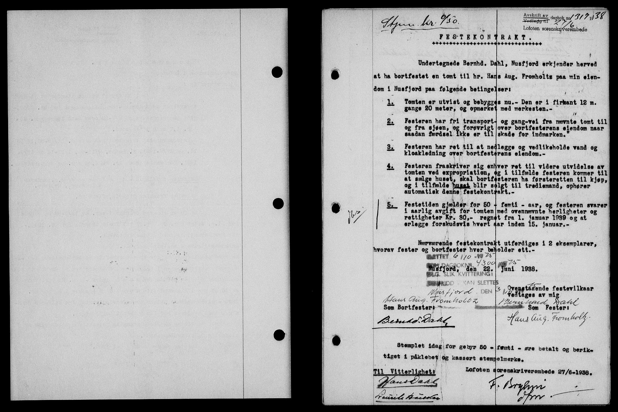 Lofoten sorenskriveri, SAT/A-0017/1/2/2C/L0004a: Mortgage book no. 4a, 1938-1938, Diary no: : 1317/1938