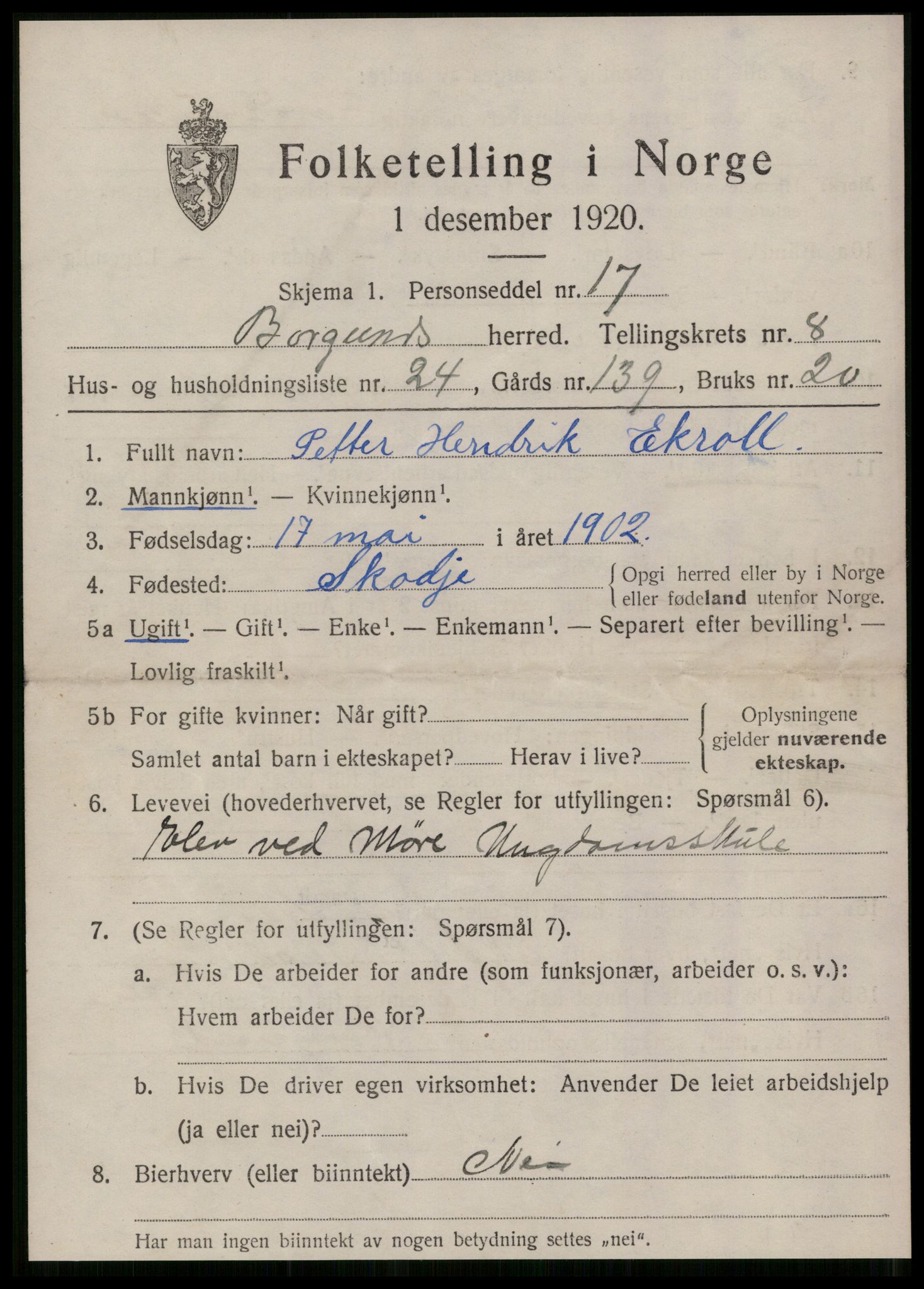 SAT, 1920 census for Borgund, 1920, p. 7696