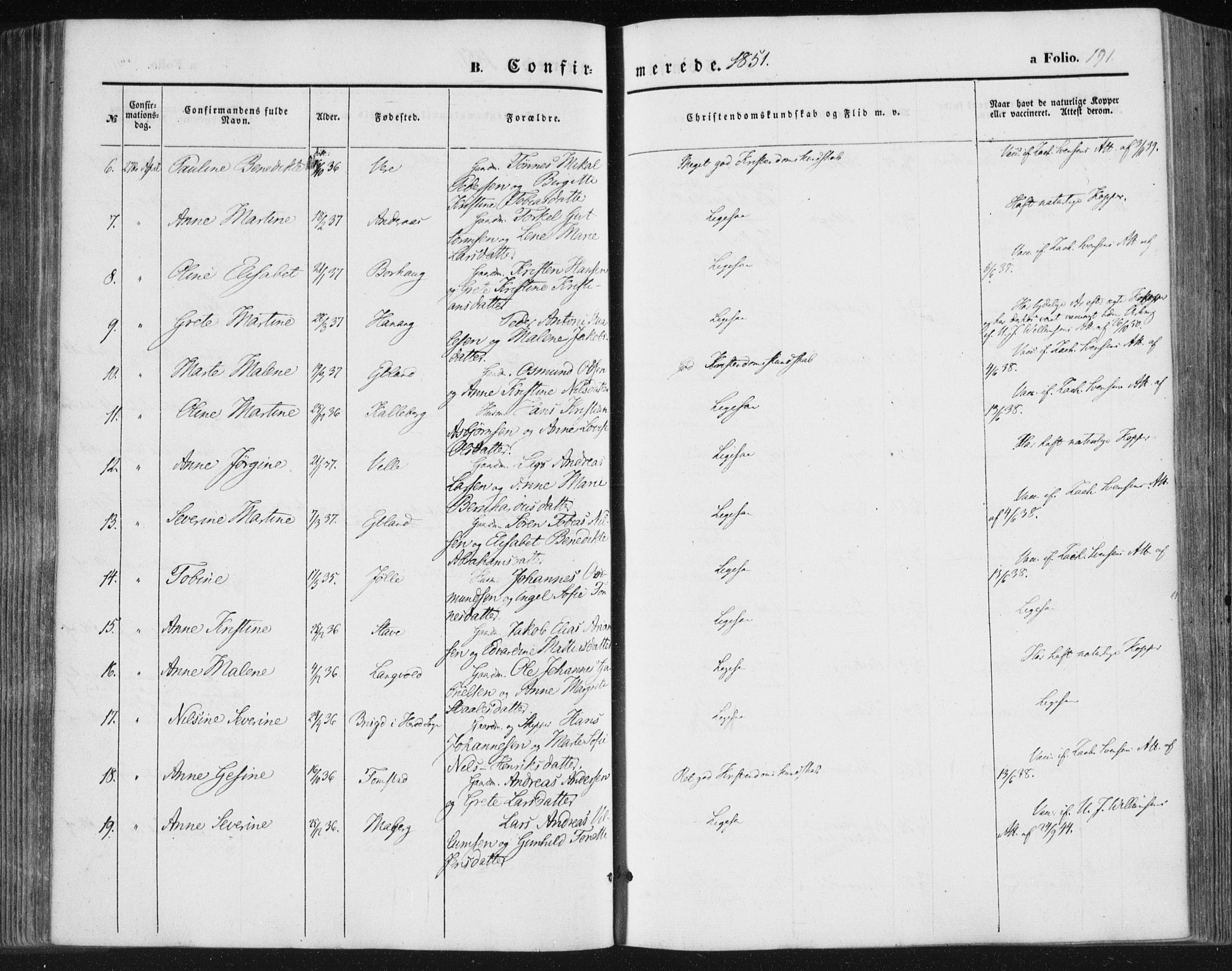 Lista sokneprestkontor, AV/SAK-1111-0027/F/Fa/L0010: Parish register (official) no. A 10, 1846-1861, p. 191