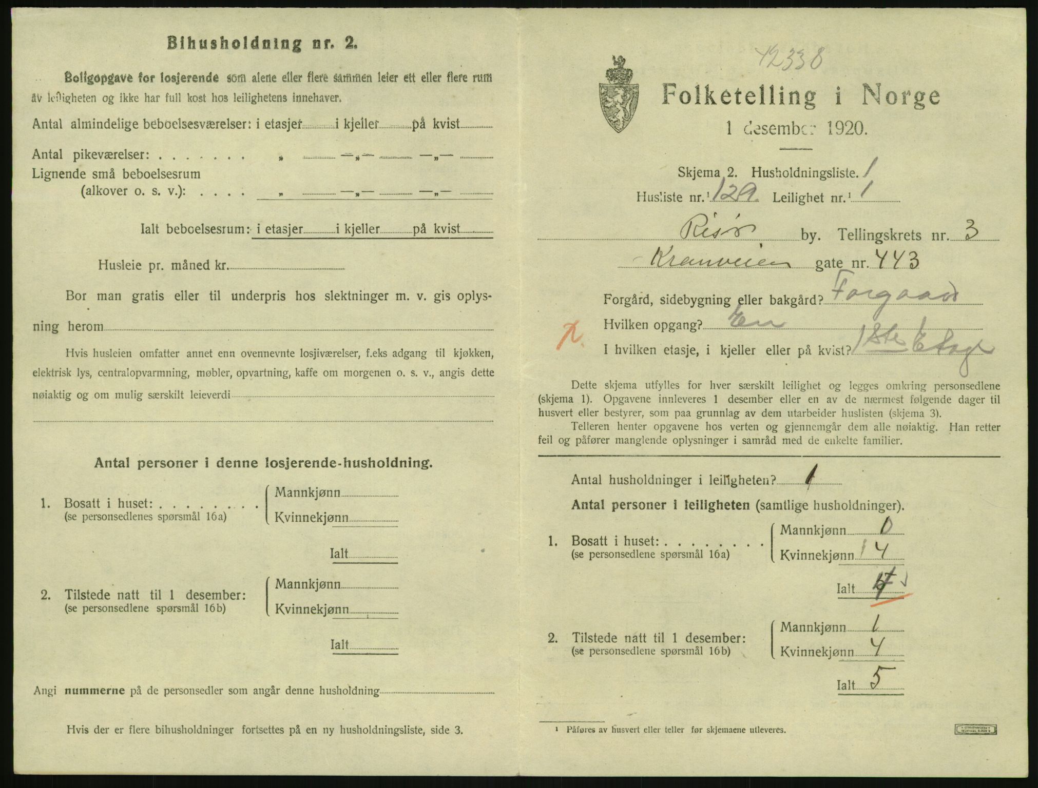 SAK, 1920 census for Risør, 1920, p. 2891