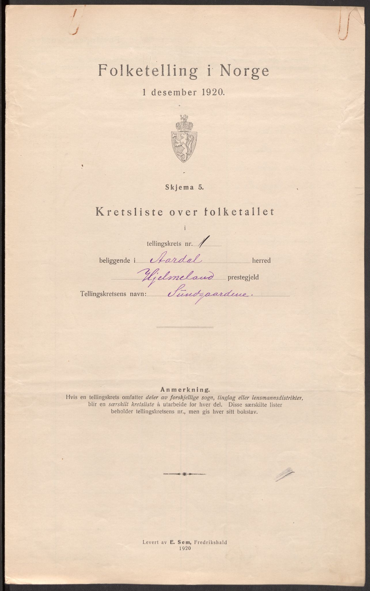 SAST, 1920 census for Årdal, 1920, p. 7