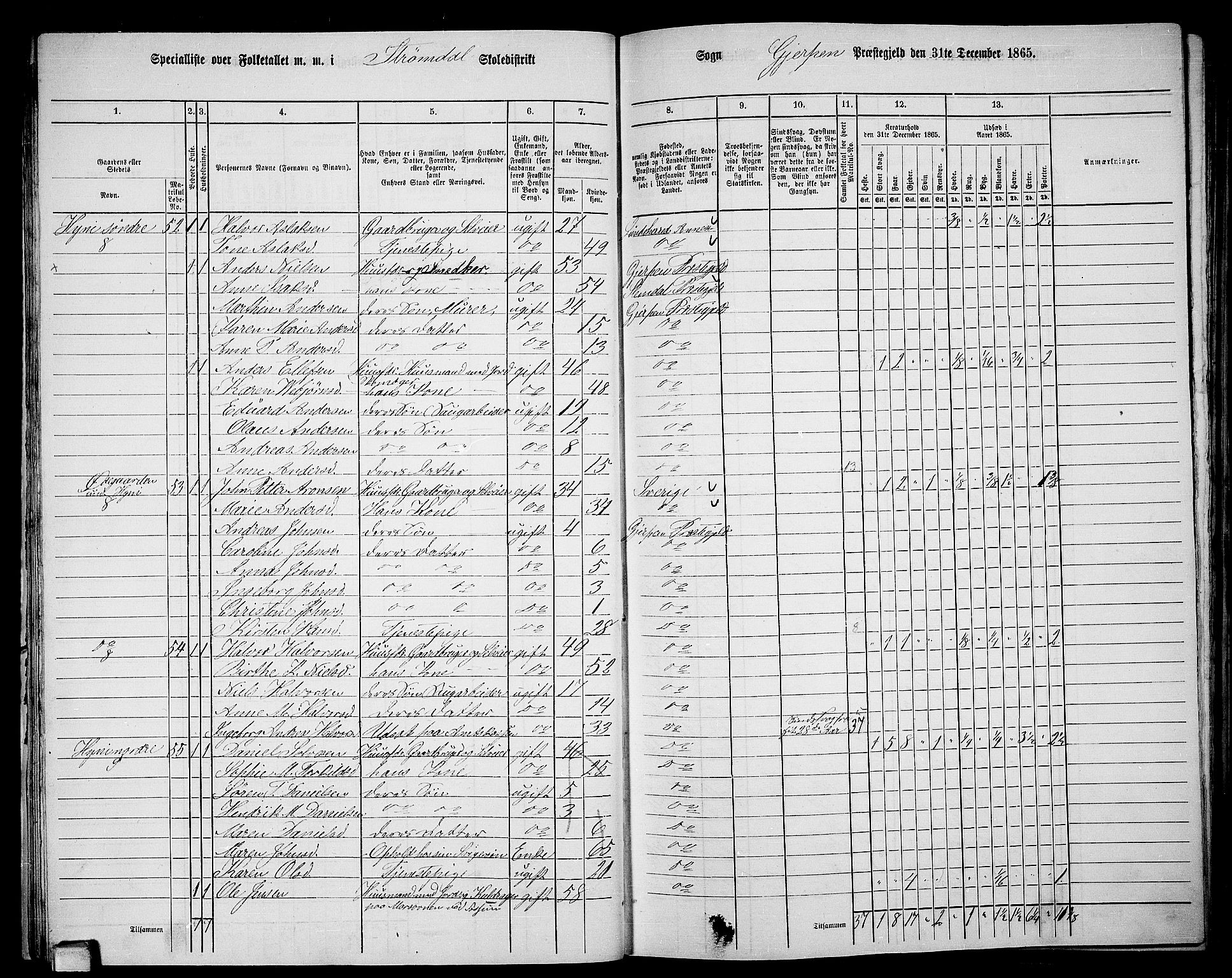 RA, 1865 census for Gjerpen, 1865, p. 33