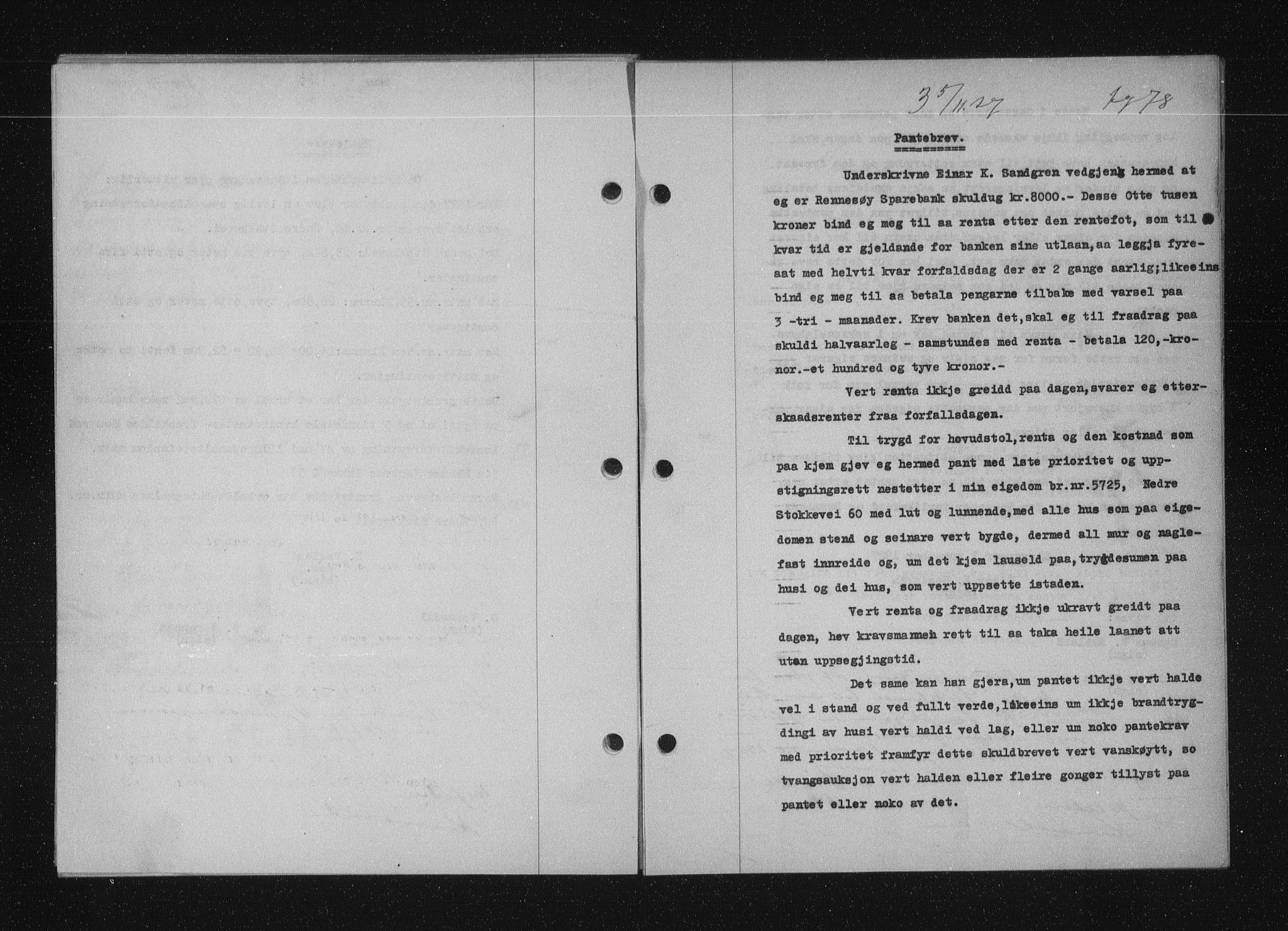 Stavanger byfogd, AV/SAST-A-101408/001/4/41/410/410BB/L0053: Mortgage book no. 41, 1927-1928, Deed date: 05.11.1927