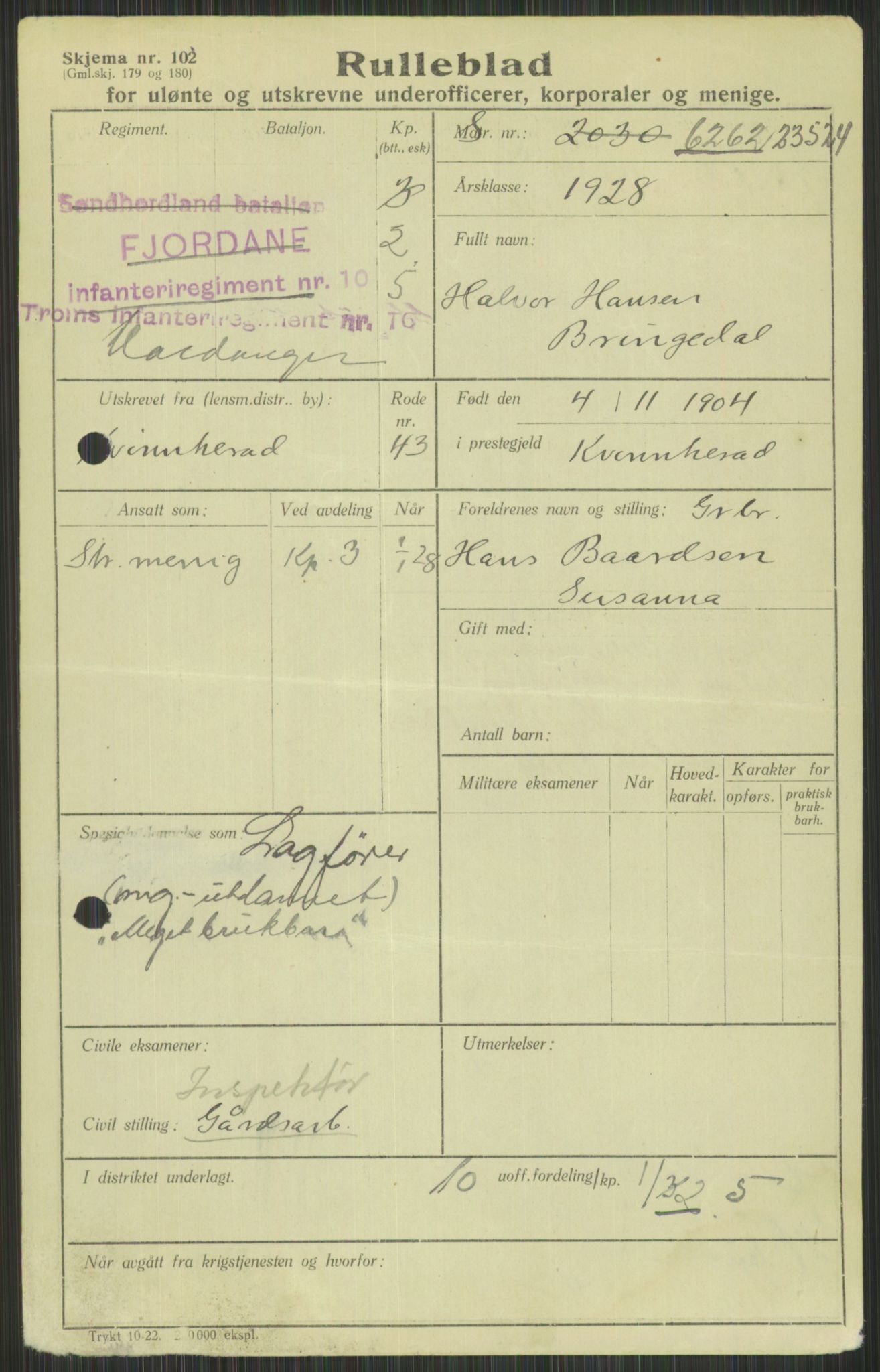 Forsvaret, Troms infanteriregiment nr. 16, AV/RA-RAFA-3146/P/Pa/L0013/0003: Rulleblad / Rulleblad for regimentets menige mannskaper, årsklasse 1928, 1928, p. 67