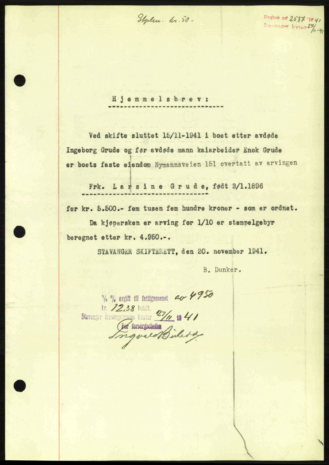 Stavanger byrett, SAST/A-100455/002/G/Gb/L0017: Mortgage book no. A7, 1941-1943, Diary no: : 2537/1941