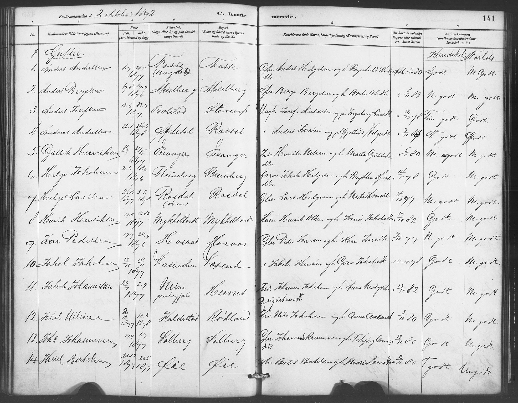 Evanger sokneprestembete, SAB/A-99924: Parish register (copy) no. A 4, 1887-1897, p. 141