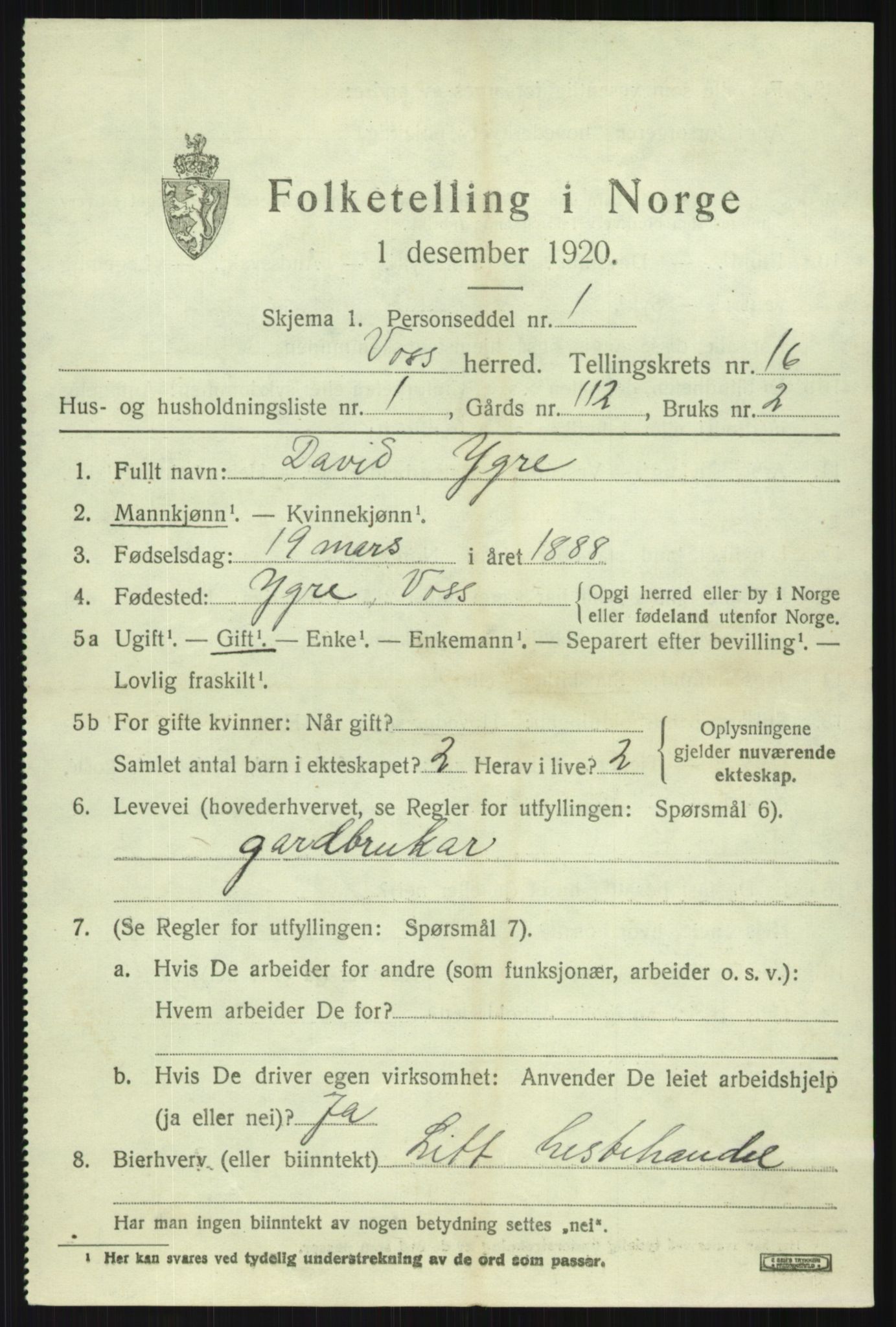 SAB, 1920 census for Voss, 1920, p. 13067