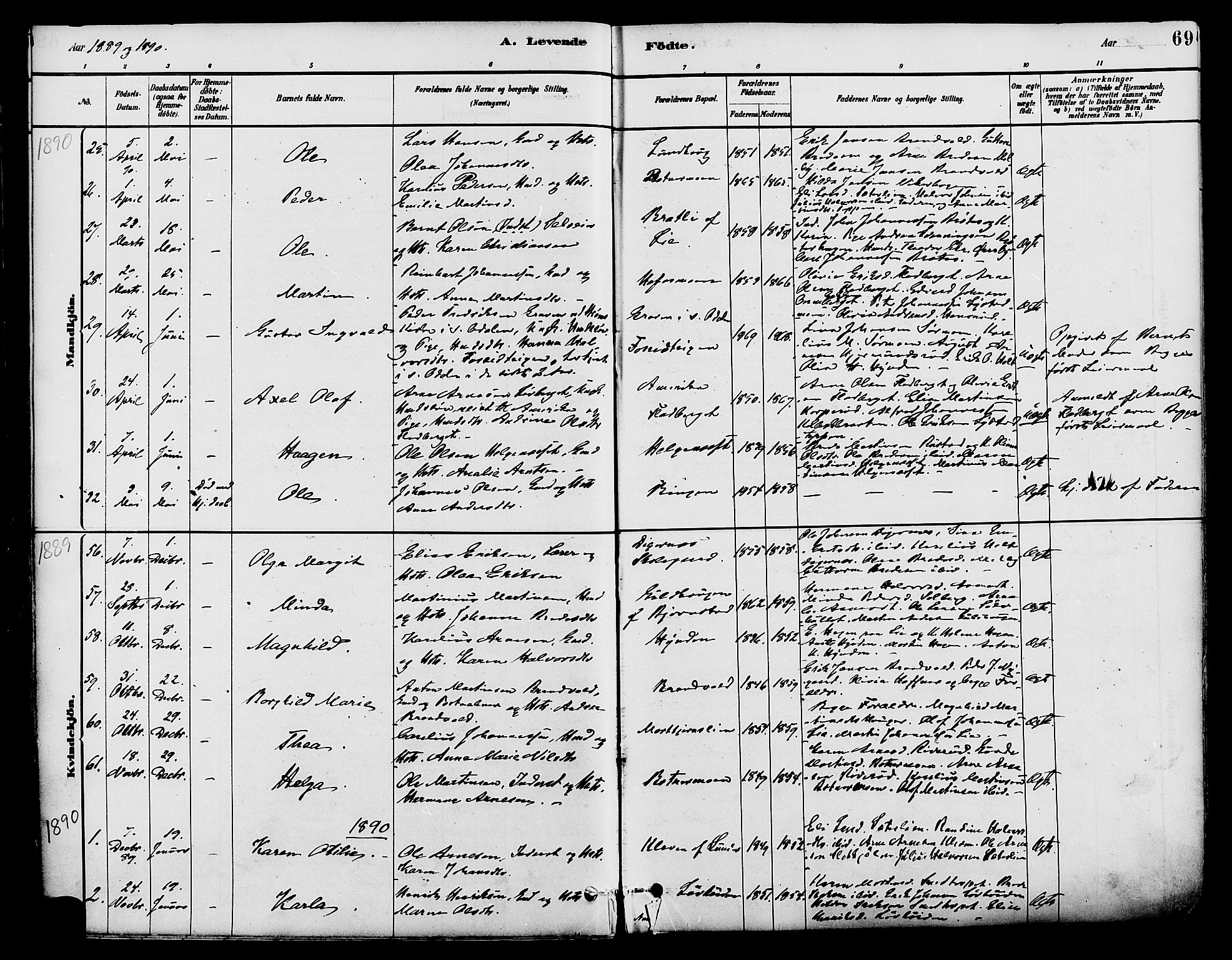 Brandval prestekontor, AV/SAH-PREST-034/H/Ha/Haa/L0002: Parish register (official) no. 2, 1880-1894, p. 69