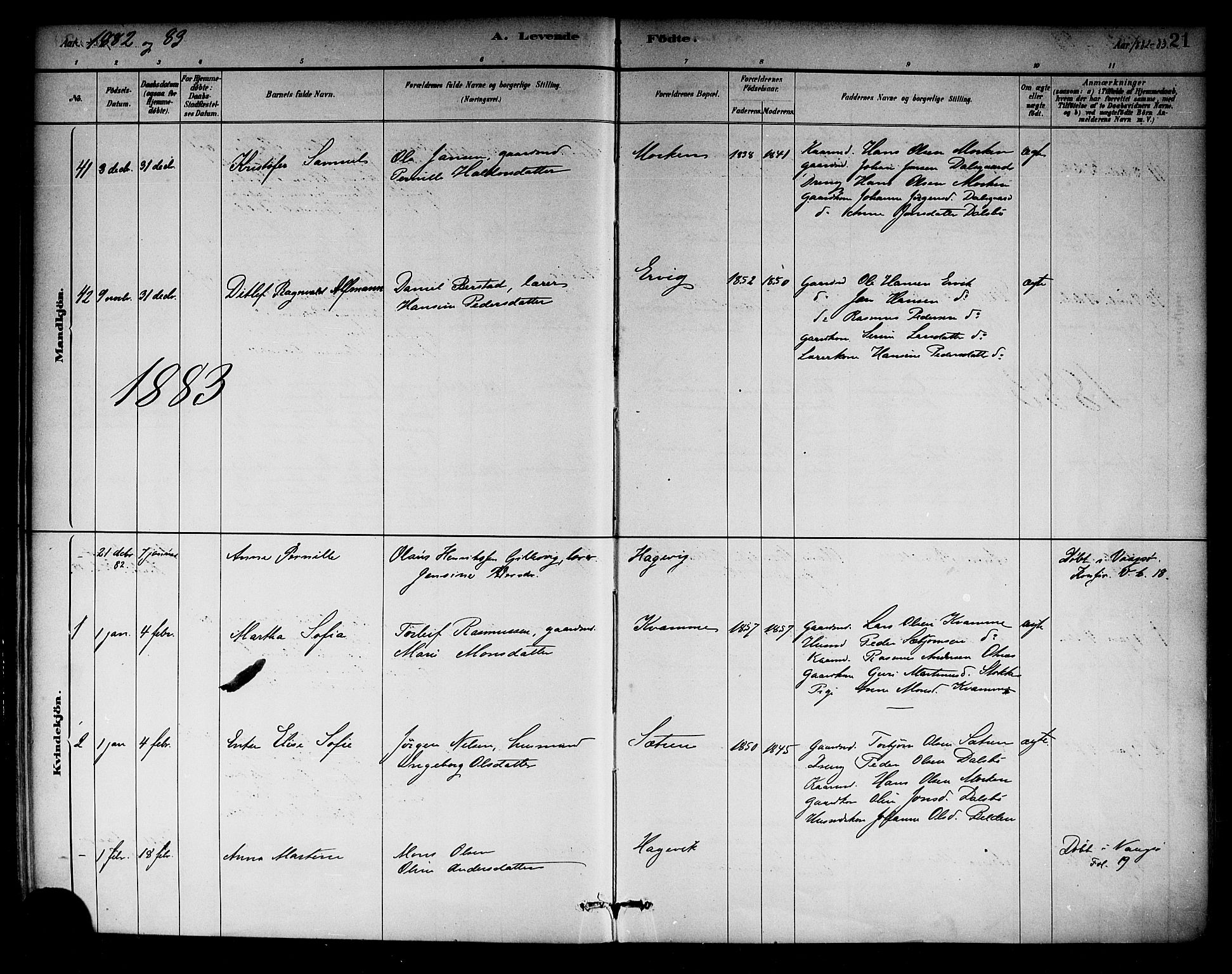 Selje sokneprestembete, SAB/A-99938/H/Ha/Haa/Haab: Parish register (official) no. B 1, 1881-1890, p. 21