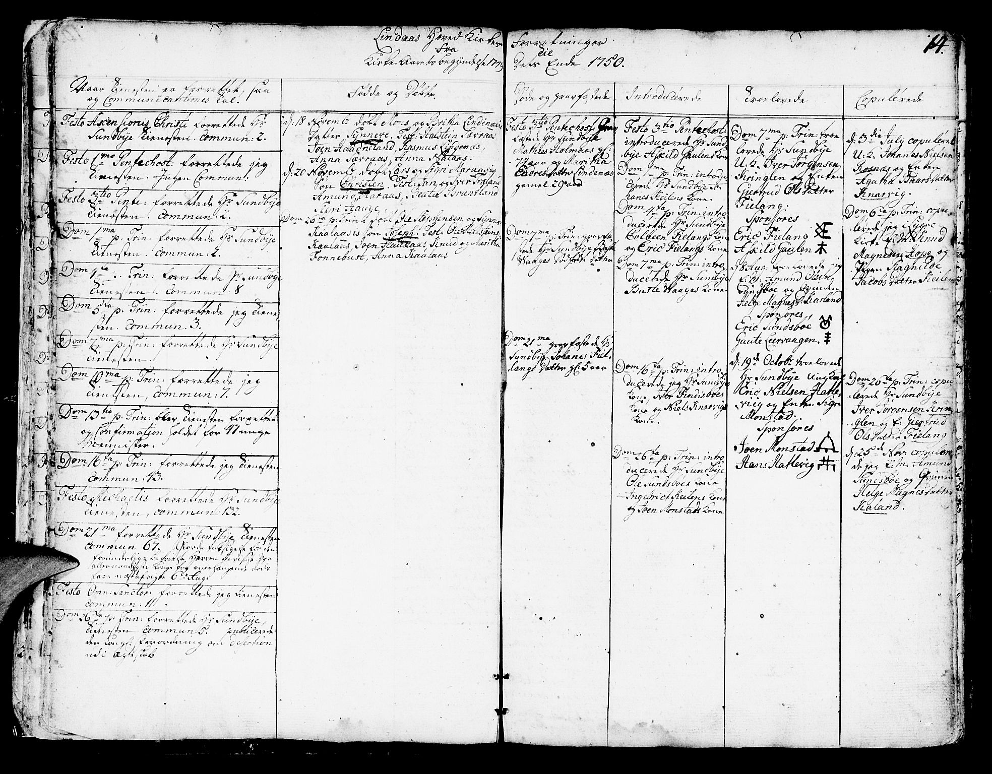 Lindås Sokneprestembete, SAB/A-76701/H/Haa: Parish register (official) no. A 3, 1748-1764, p. 14