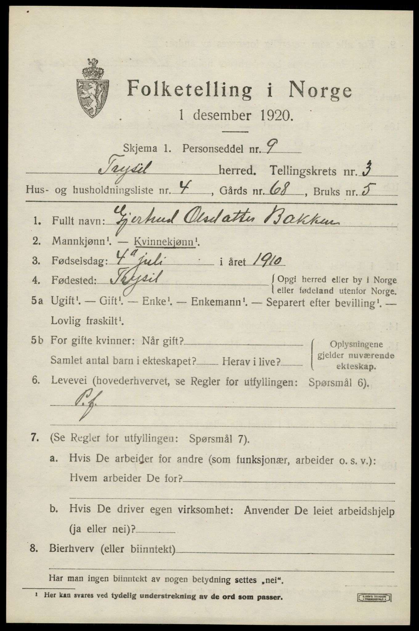 SAH, 1920 census for Trysil, 1920, p. 3529