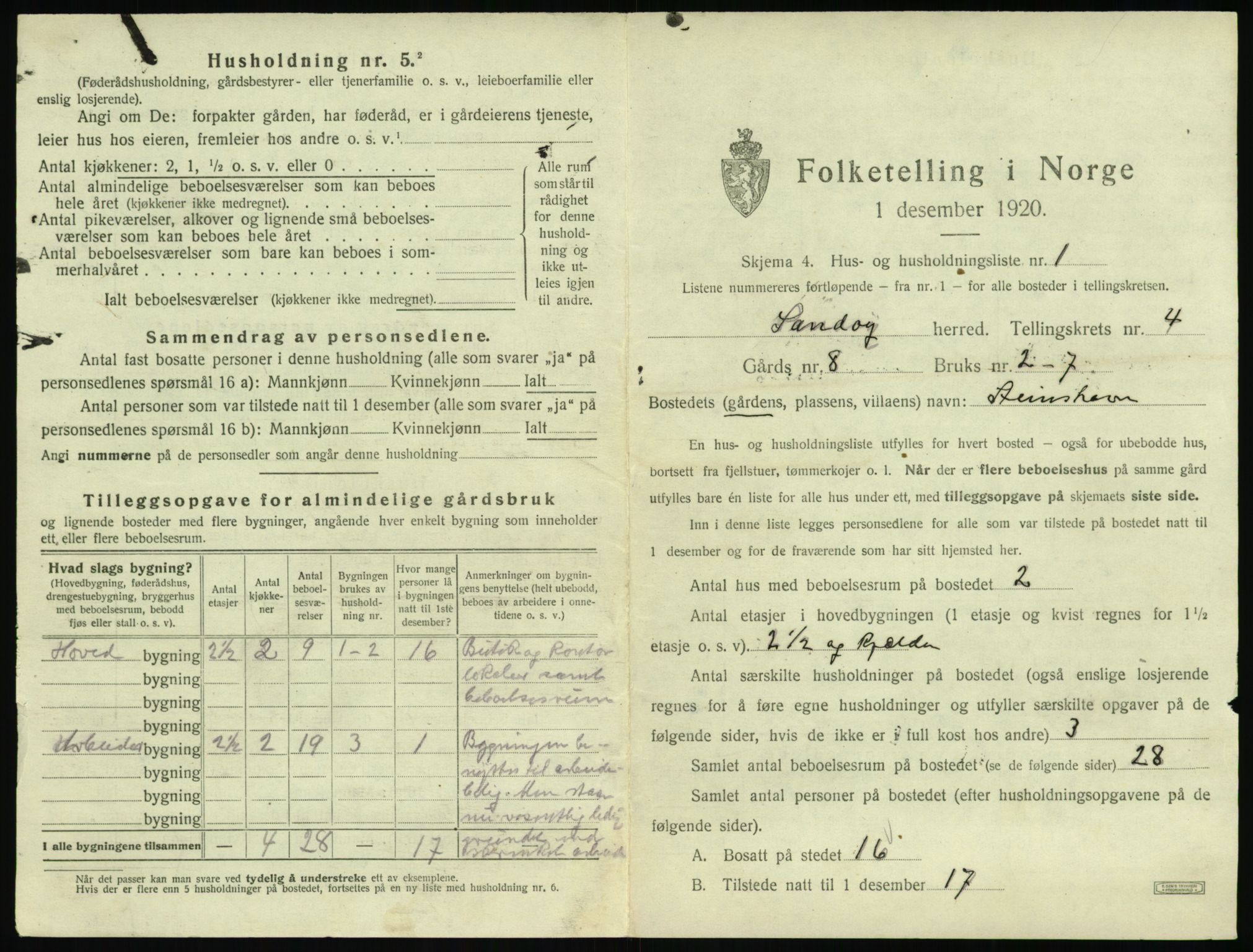 SAT, 1920 census for Sandøy, 1920, p. 168