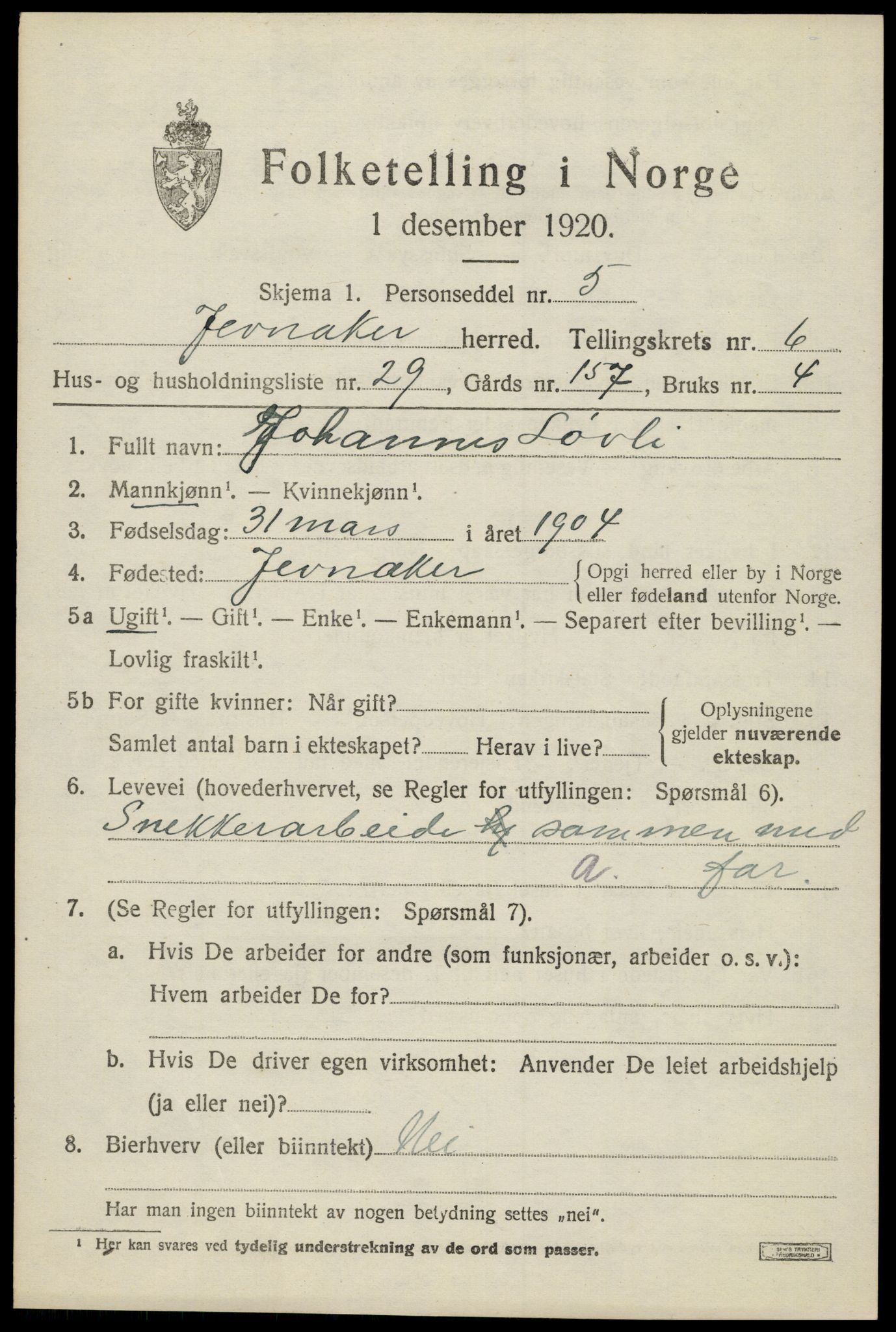 SAH, 1920 census for Jevnaker, 1920, p. 9149