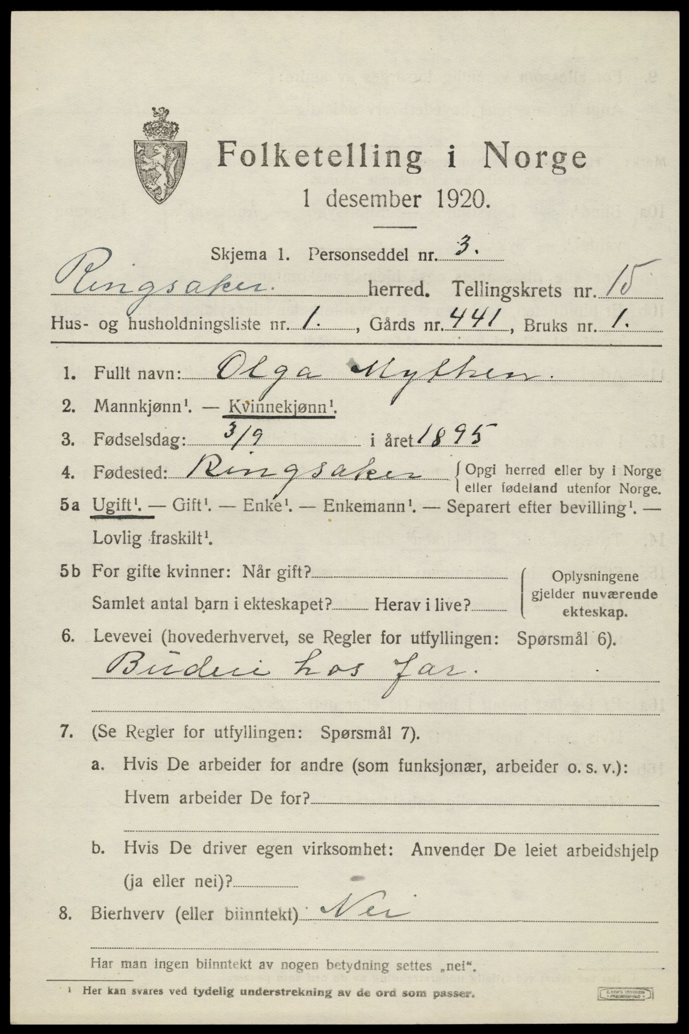 SAH, 1920 census for Ringsaker, 1920, p. 21858