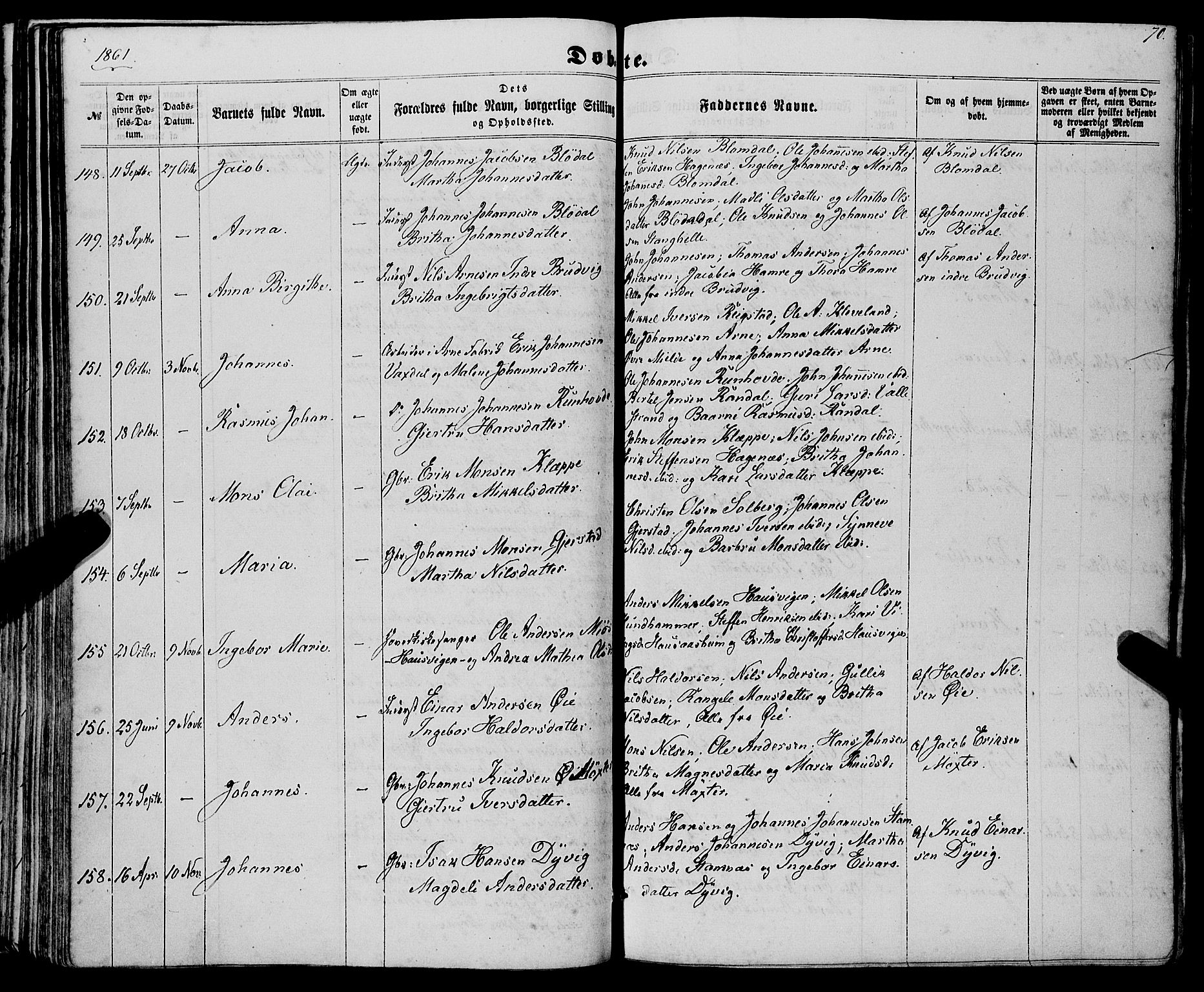 Haus sokneprestembete, AV/SAB-A-75601/H/Haa: Parish register (official) no. A 17, 1858-1870, p. 70