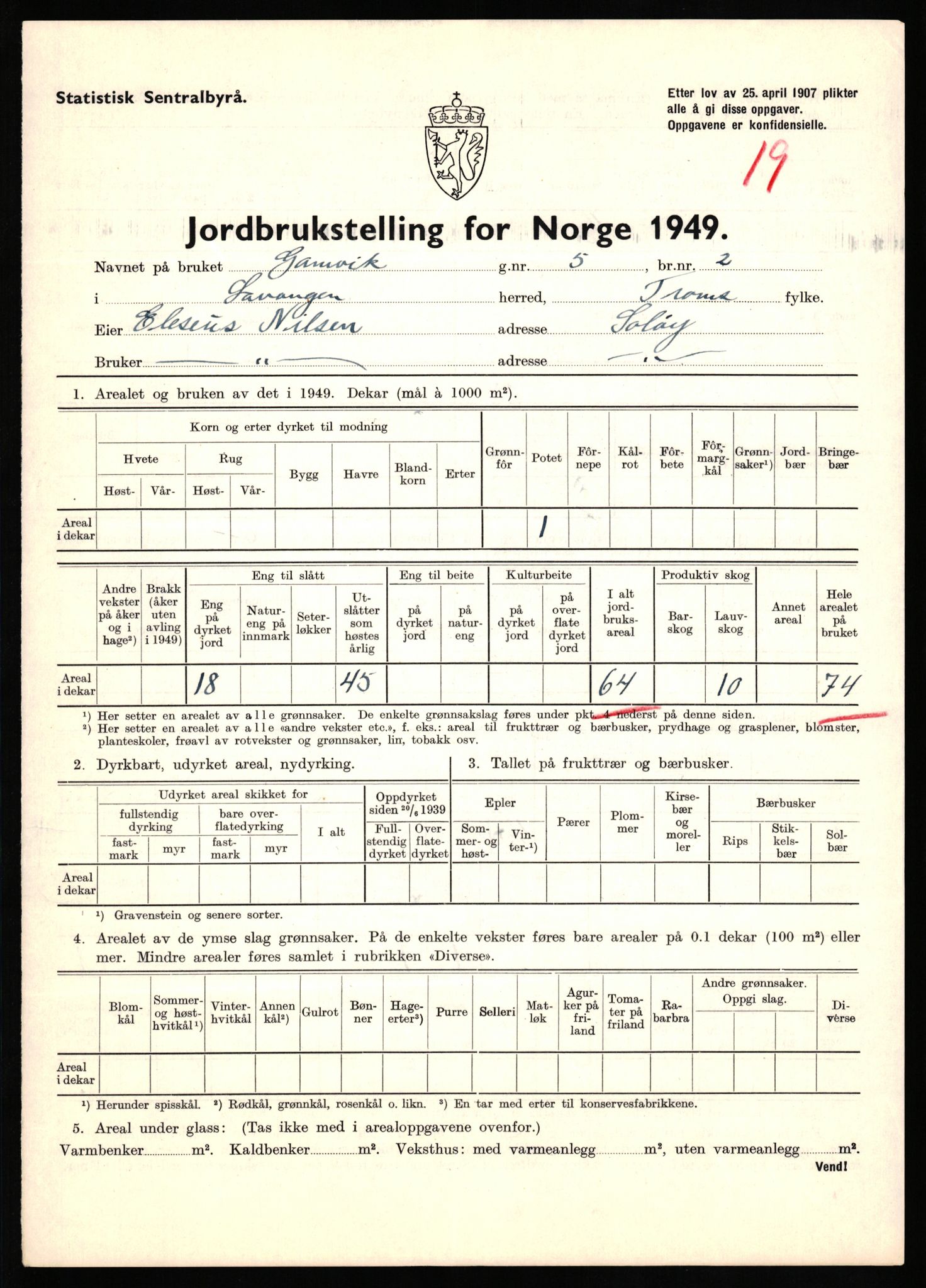 Statistisk sentralbyrå, Næringsøkonomiske emner, Jordbruk, skogbruk, jakt, fiske og fangst, AV/RA-S-2234/G/Gc/L0437: Troms: Gratangen og Lavangen, 1949, p. 577