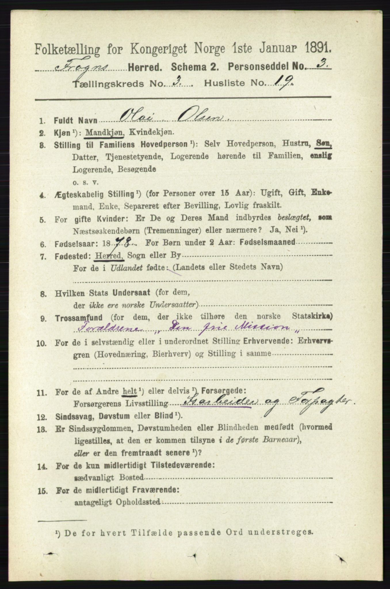 RA, 1891 census for 0215 Frogn, 1891, p. 2016