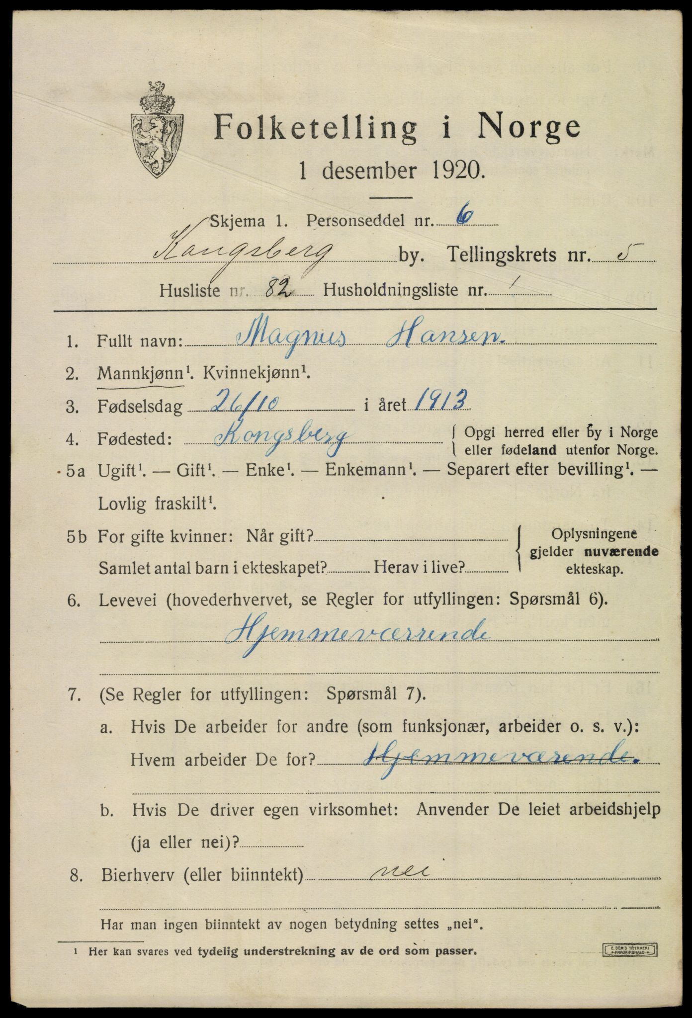 SAKO, 1920 census for Kongsberg, 1920, p. 13572