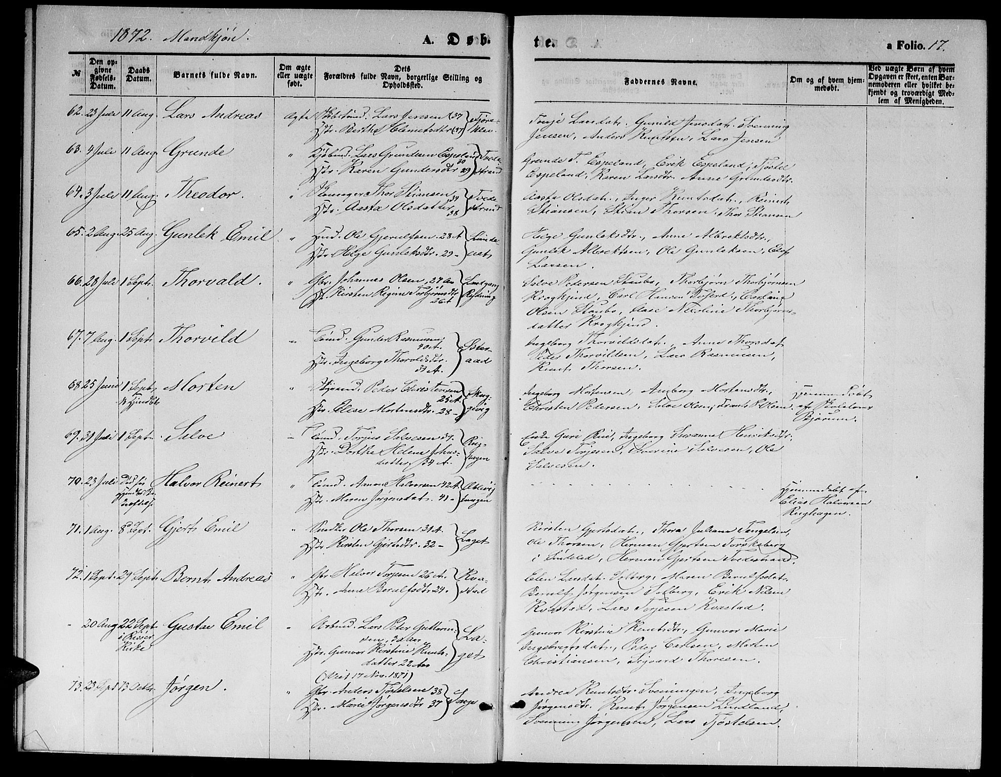 Holt sokneprestkontor, AV/SAK-1111-0021/F/Fb/L0009: Parish register (copy) no. B 9, 1871-1883, p. 17