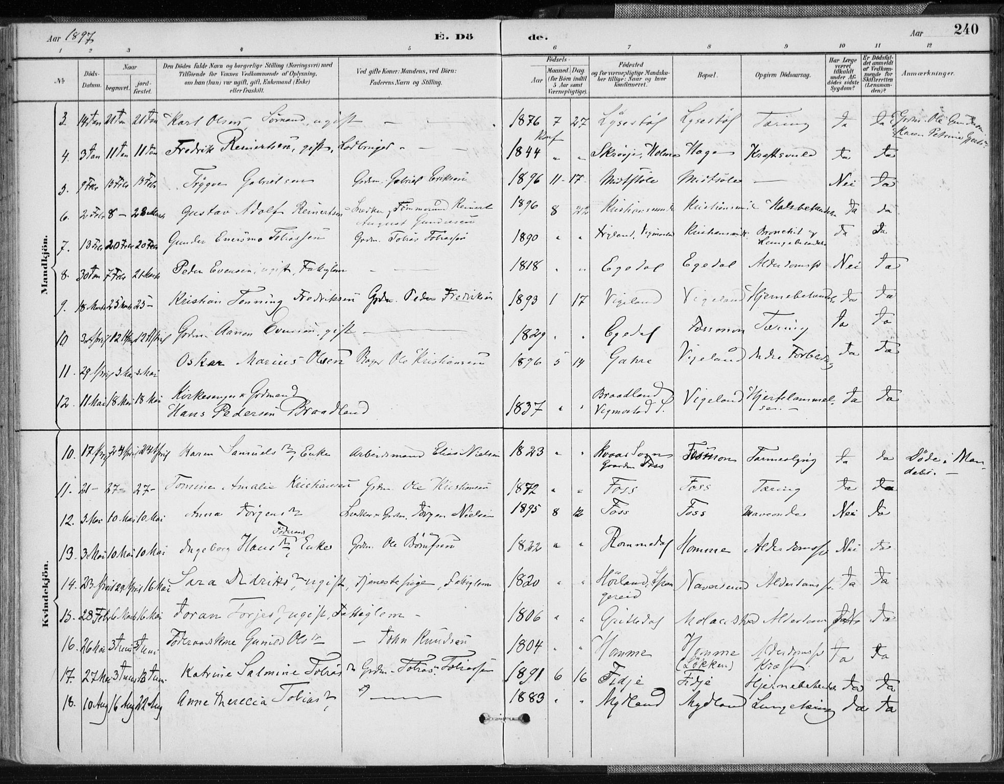 Sør-Audnedal sokneprestkontor, AV/SAK-1111-0039/F/Fa/Fab/L0010: Parish register (official) no. A 10, 1892-1913, p. 240