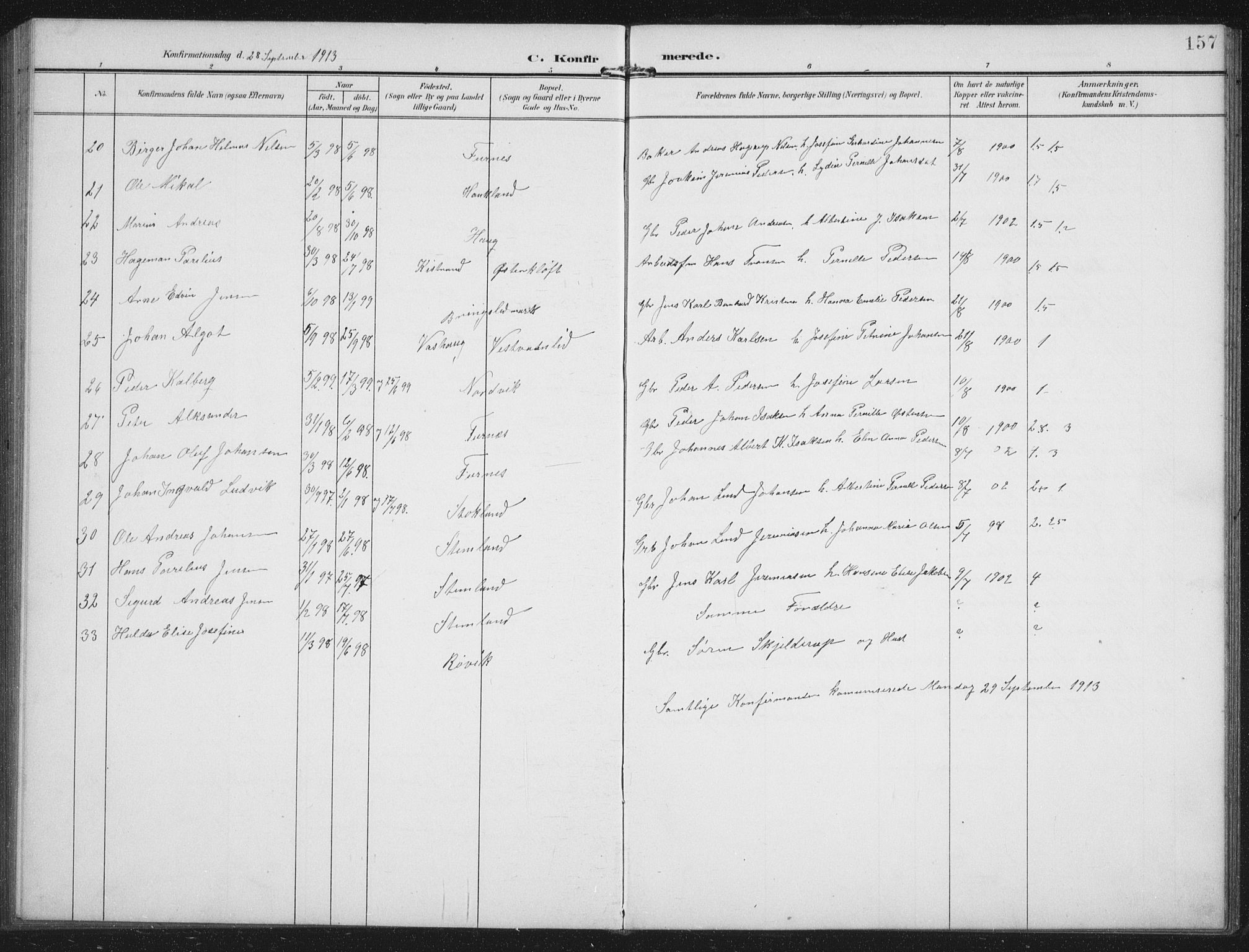 Ministerialprotokoller, klokkerbøker og fødselsregistre - Nordland, AV/SAT-A-1459/851/L0726: Parish register (copy) no. 851C01, 1902-1924, p. 157