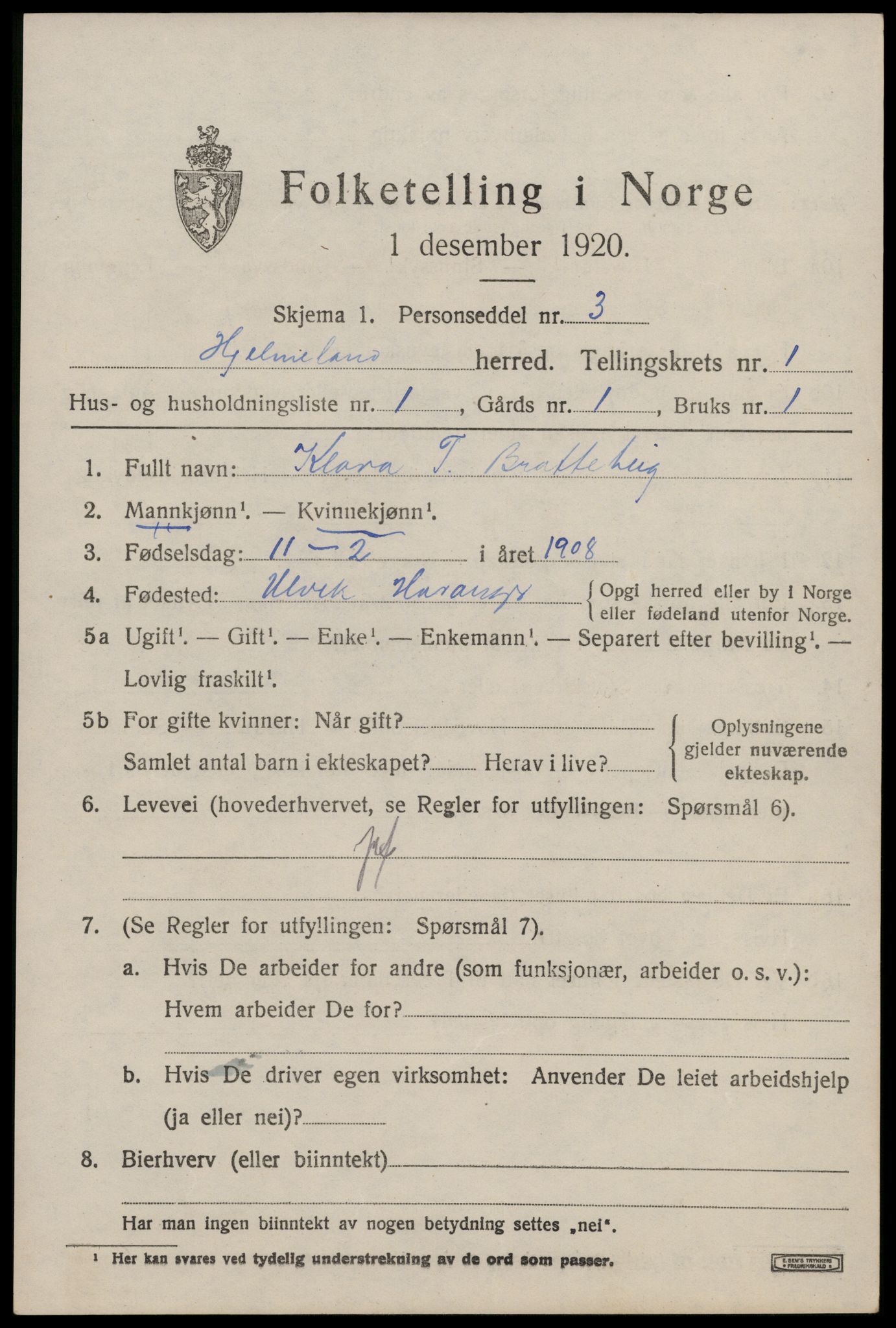 SAST, 1920 census for Hjelmeland, 1920, p. 829