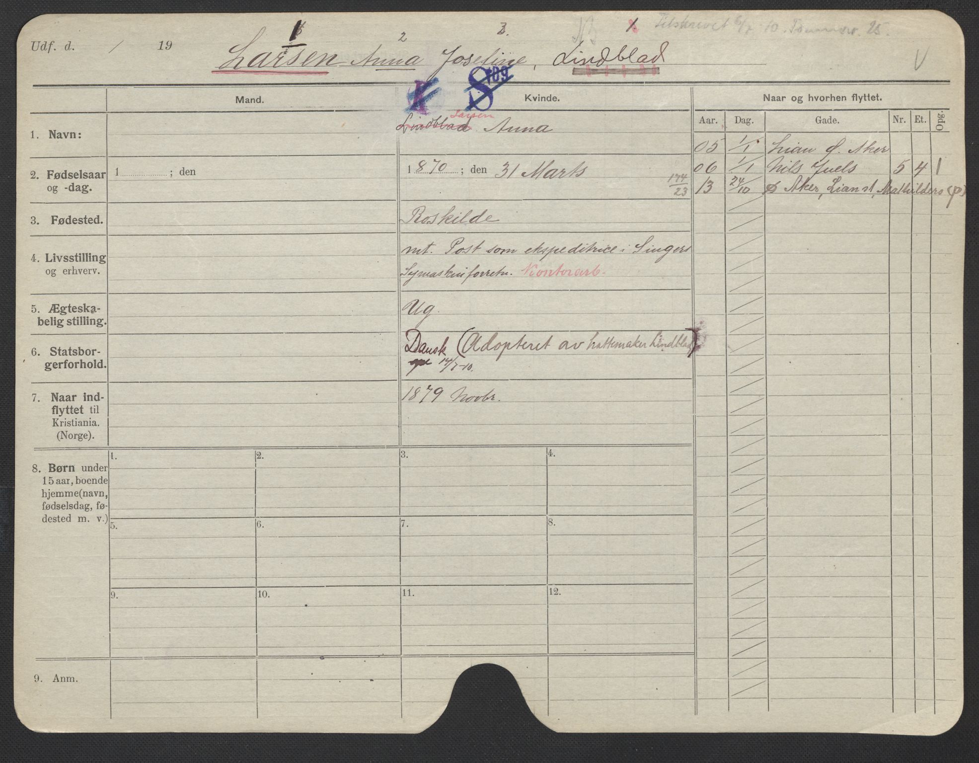 Oslo folkeregister, Registerkort, AV/SAO-A-11715/F/Fa/Fac/L0019: Kvinner, 1906-1914, p. 812a