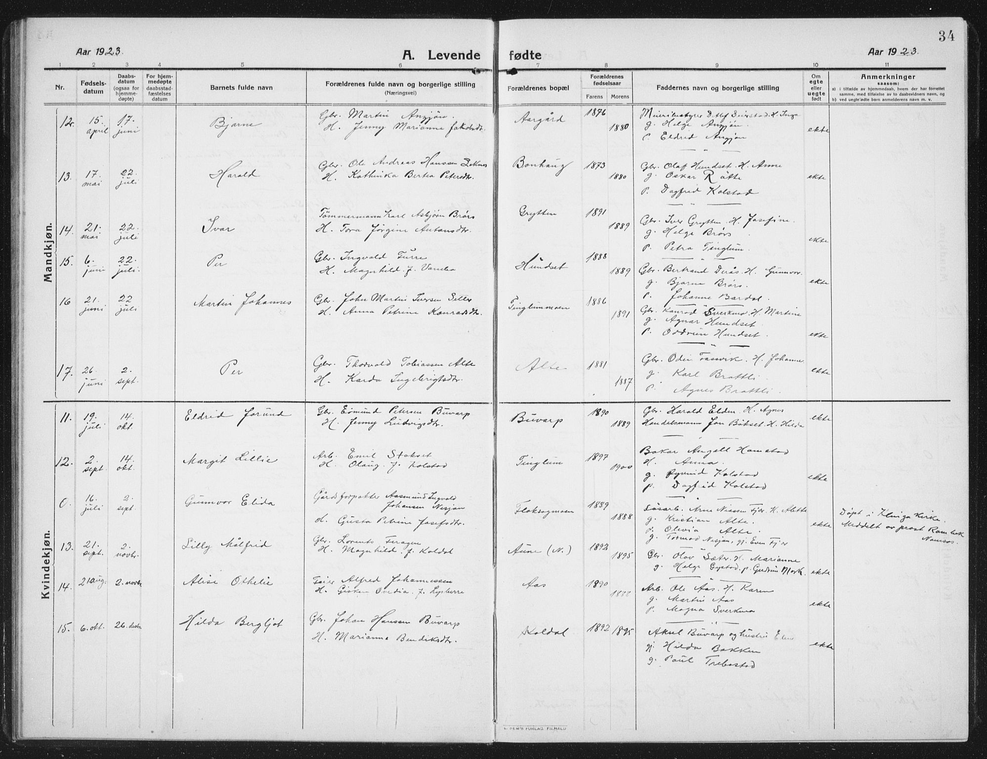 Ministerialprotokoller, klokkerbøker og fødselsregistre - Nord-Trøndelag, SAT/A-1458/742/L0413: Parish register (copy) no. 742C04, 1911-1938, p. 34