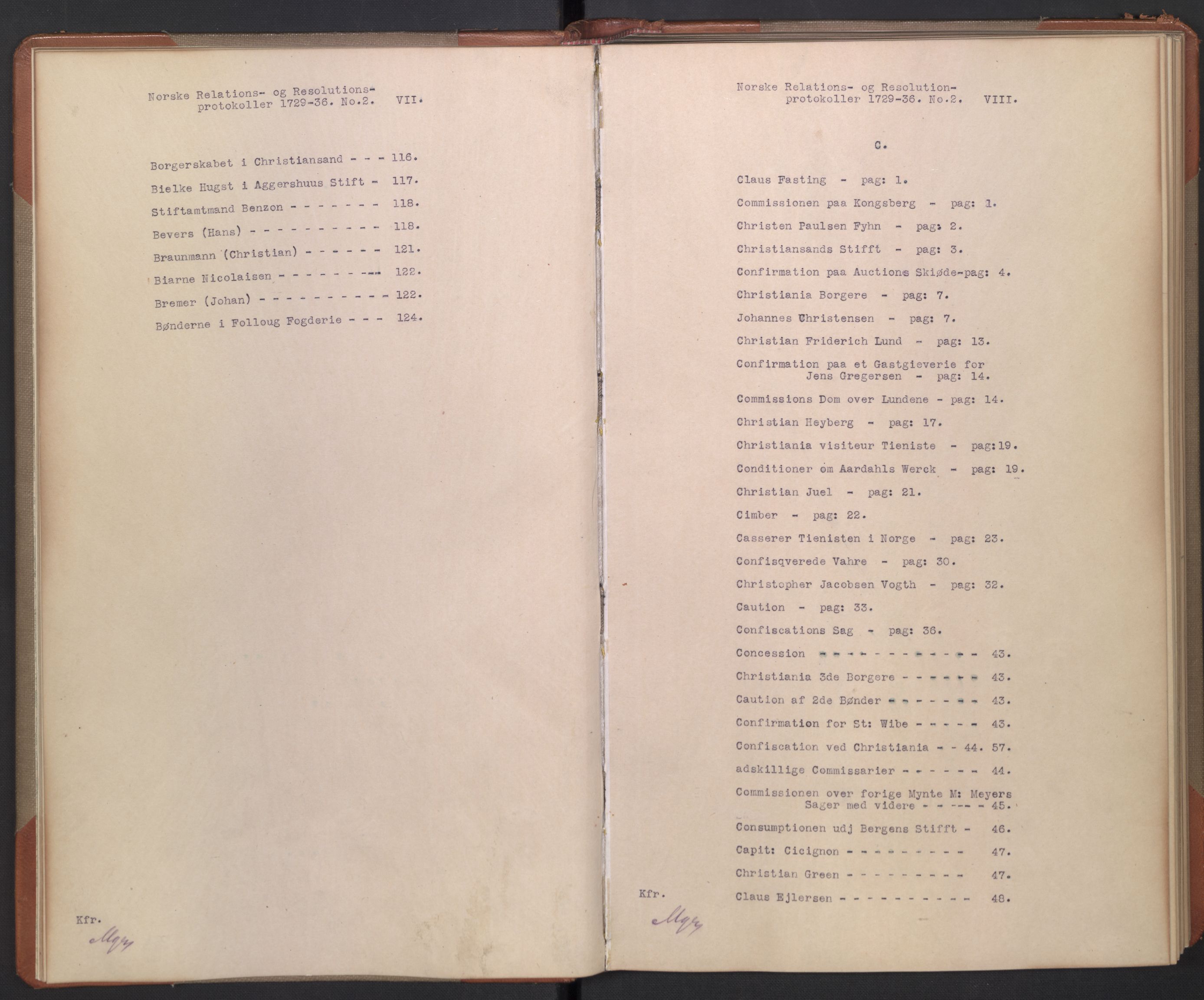 Avskriftsamlingen, AV/RA-EA-4022/F/Fb/L0116: Registratur over norske Relasjons- og resolusjonsprotokoller, 1729-1736, p. 8