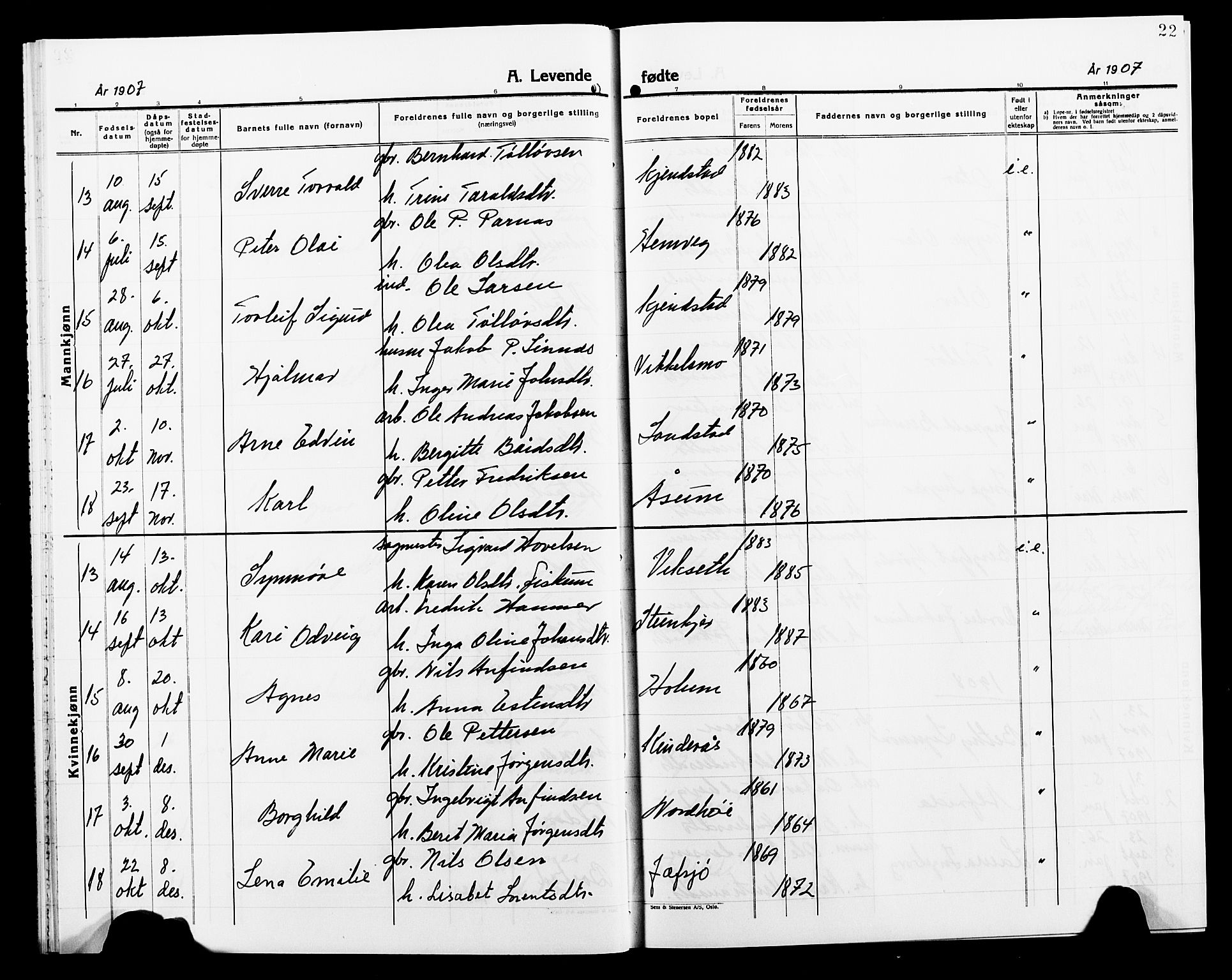 Ministerialprotokoller, klokkerbøker og fødselsregistre - Nord-Trøndelag, AV/SAT-A-1458/749/L0488: Parish register (official) no. 749D04, 1903-1915, p. 22