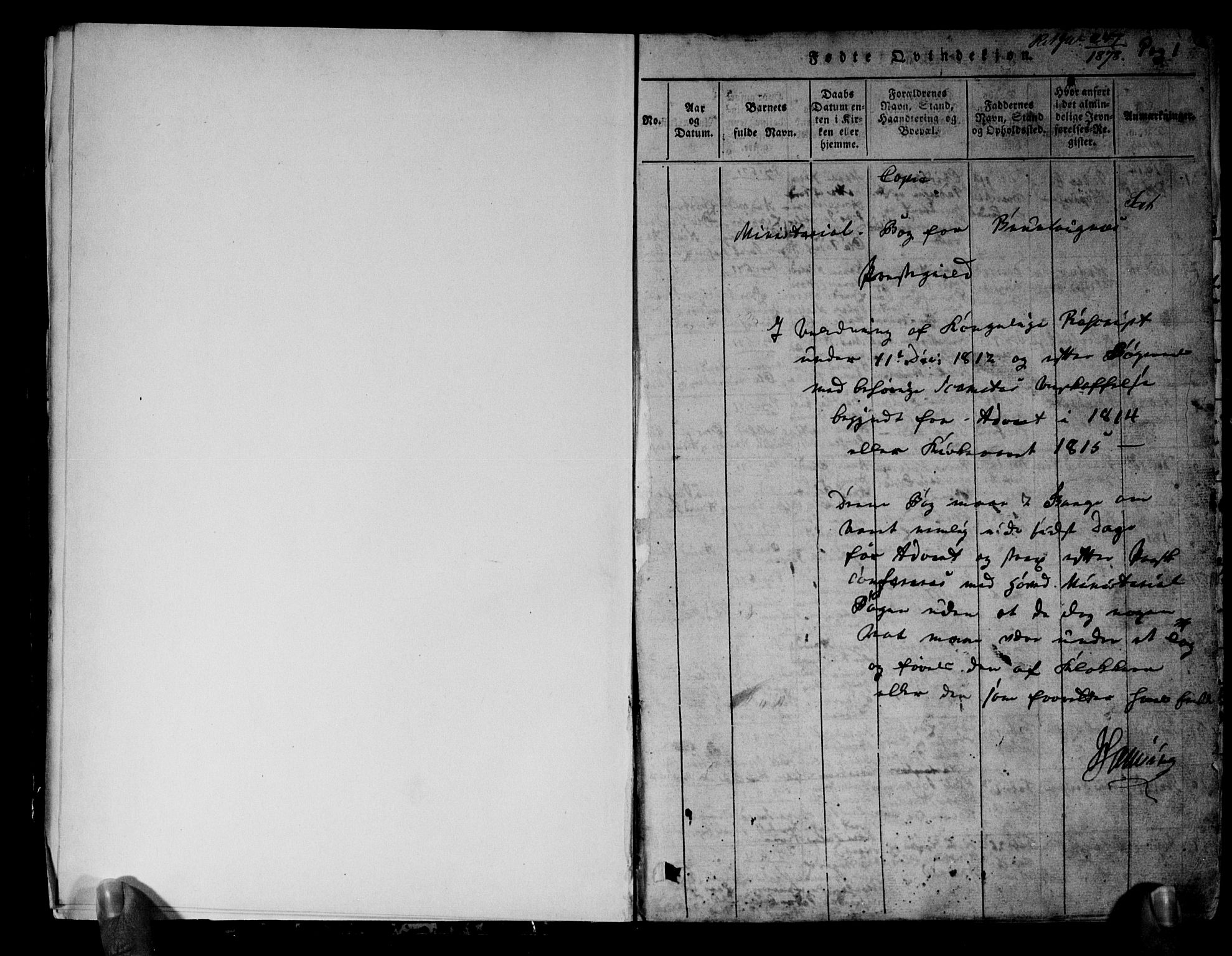 Brunlanes kirkebøker, AV/SAKO-A-342/G/Ga/L0001: Parish register (copy) no. I 1, 1814-1834, p. 1