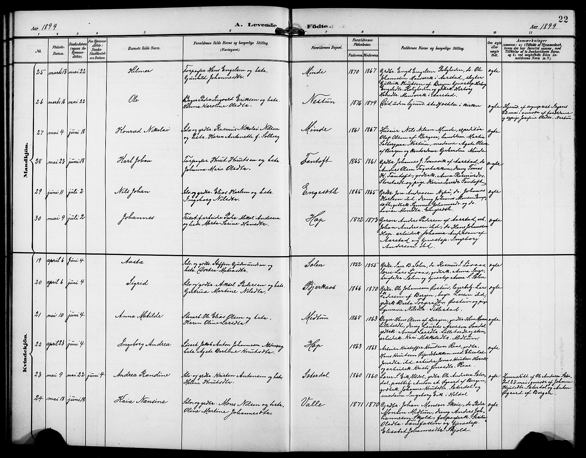 Birkeland Sokneprestembete, AV/SAB-A-74601/H/Hab: Parish register (copy) no. A 5, 1897-1905, p. 22