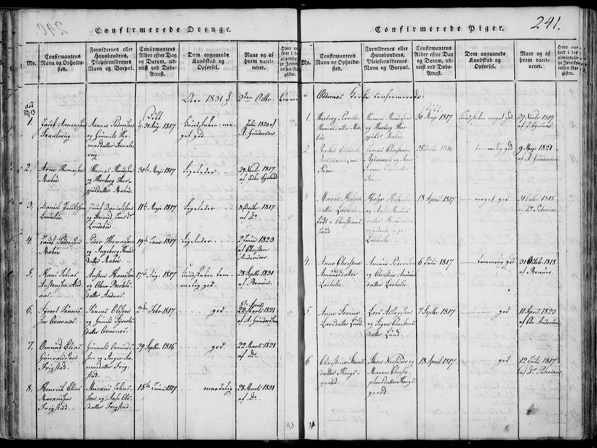 Oddernes sokneprestkontor, SAK/1111-0033/F/Fa/Faa/L0005: Parish register (official) no. A 5, 1820-1838, p. 241