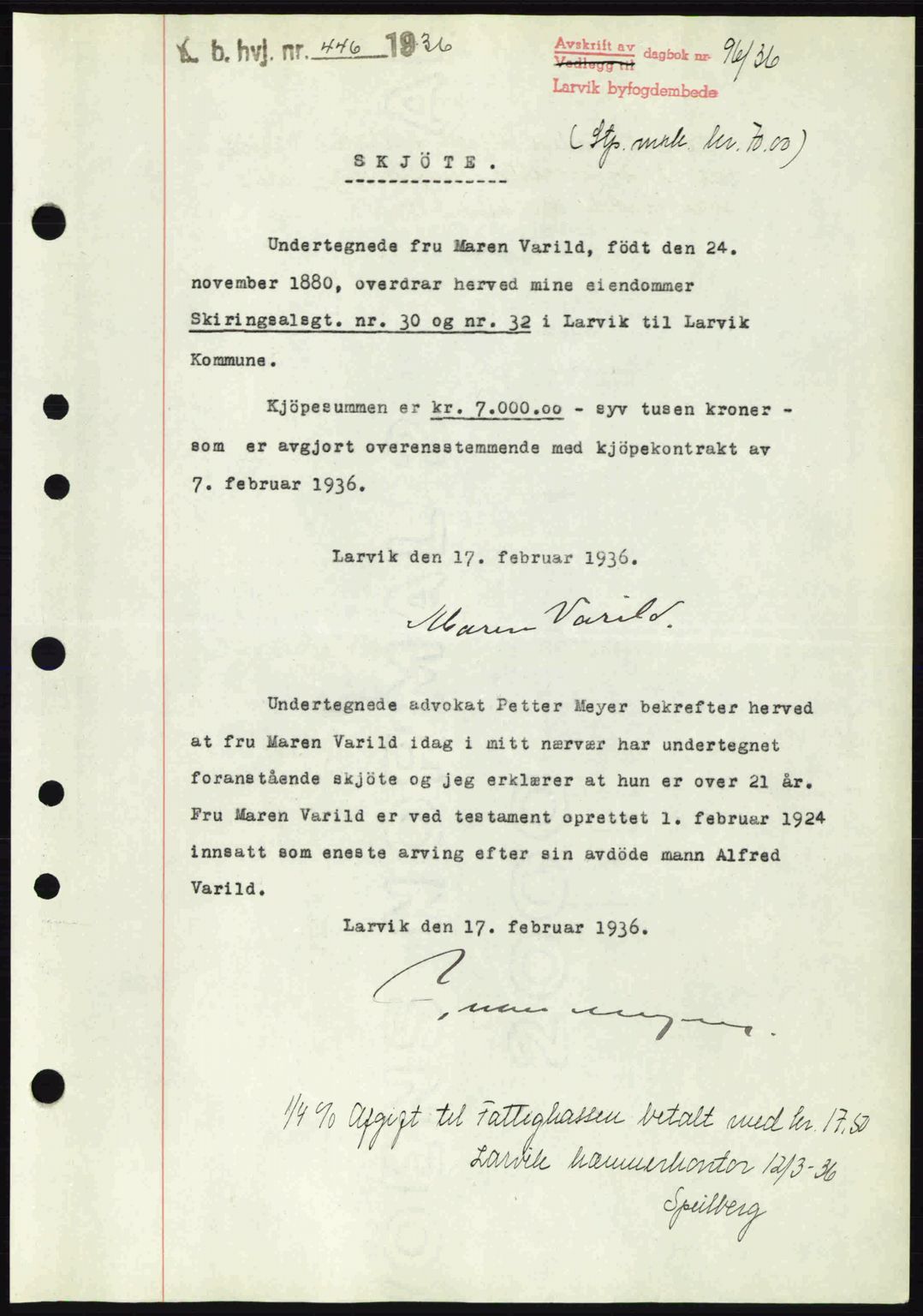 Larvik sorenskriveri, SAKO/A-83/G/Ga/Gab/L0067: Mortgage book no. A-1, 1936-1937, Diary no: : 96/1936