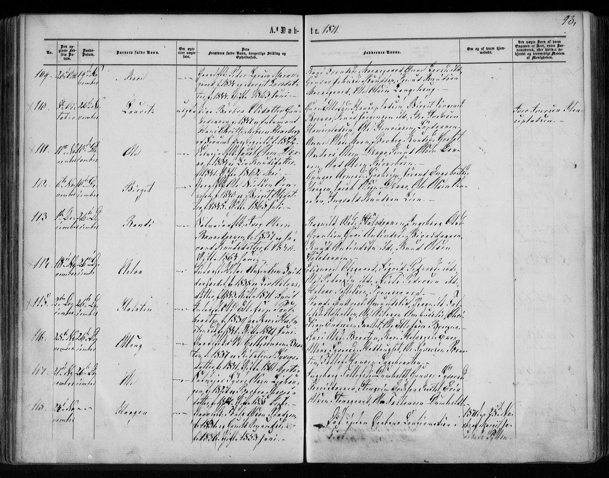 Gol kirkebøker, AV/SAKO-A-226/F/Fa/L0003: Parish register (official) no. I 3, 1863-1875, p. 93