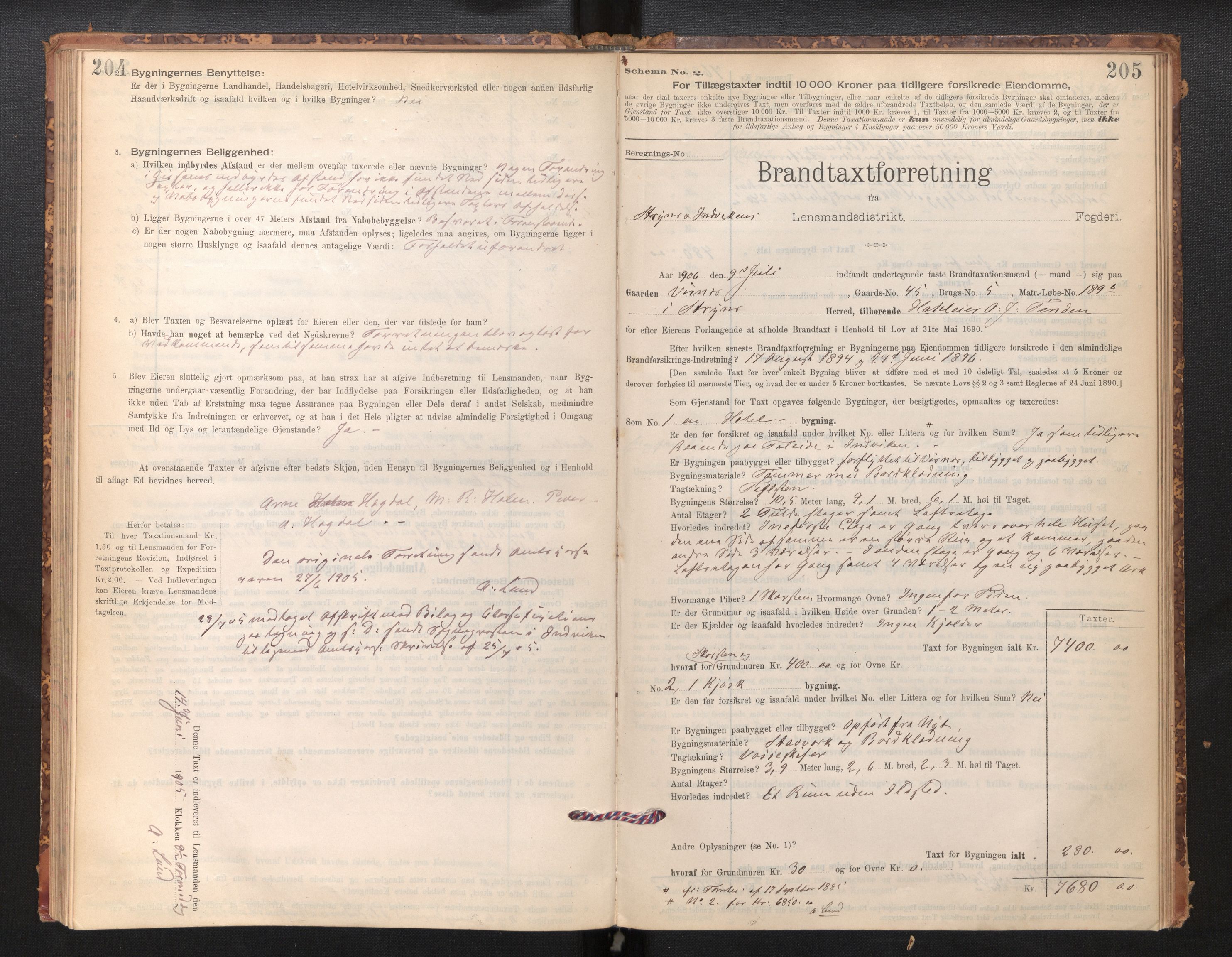 Lensmannen i Stryn og Innvik, SAB/A-30201/0012/L0002: Branntakstprotokoll, skjematakst, 1894-1942, p. 204-205