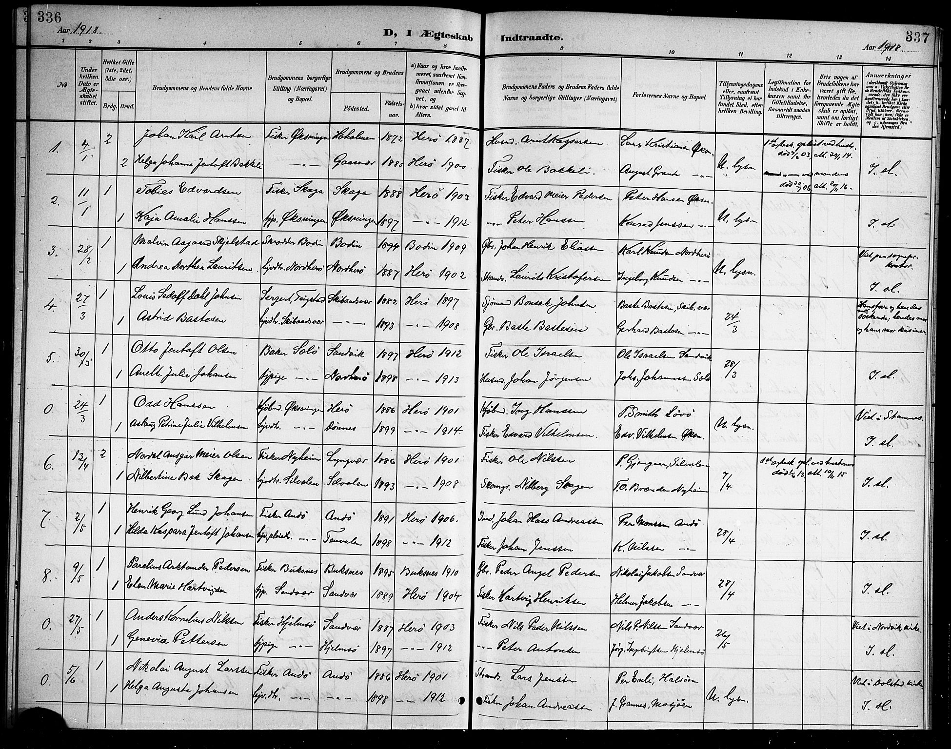 Ministerialprotokoller, klokkerbøker og fødselsregistre - Nordland, SAT/A-1459/834/L0516: Parish register (copy) no. 834C06, 1902-1918, p. 336-337