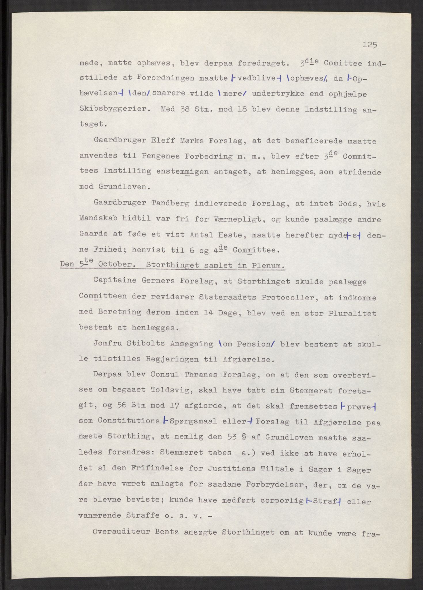 Manuskriptsamlingen, AV/RA-EA-3667/F/L0197: Wetlesen, Hans Jørgen (stortingsmann, ingeniørkaptein); Referat fra Stortinget 1815-1816, 1815-1816, p. 125