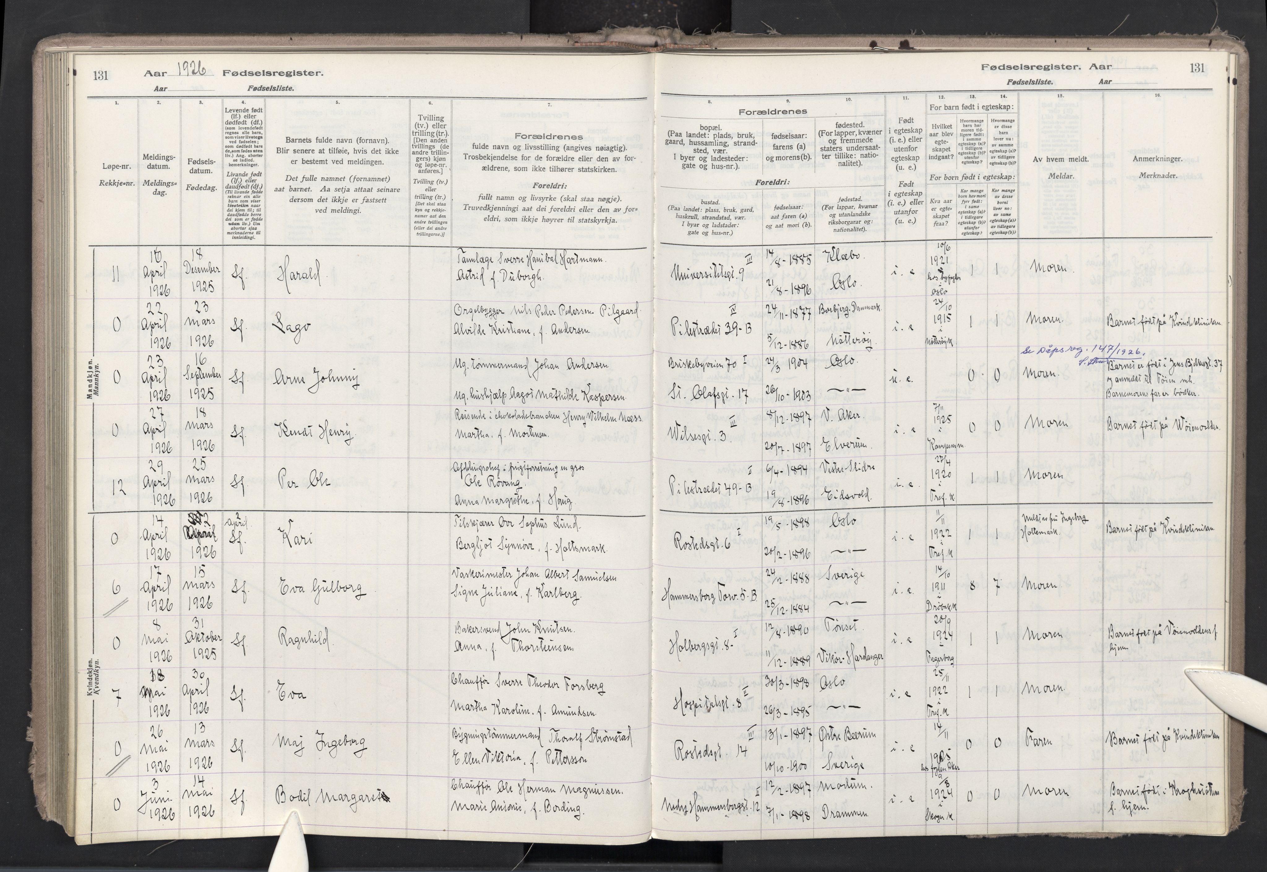 Trefoldighet prestekontor Kirkebøker, AV/SAO-A-10882/J/Ja/L0001: Birth register no. 1, 1916-1931, p. 131