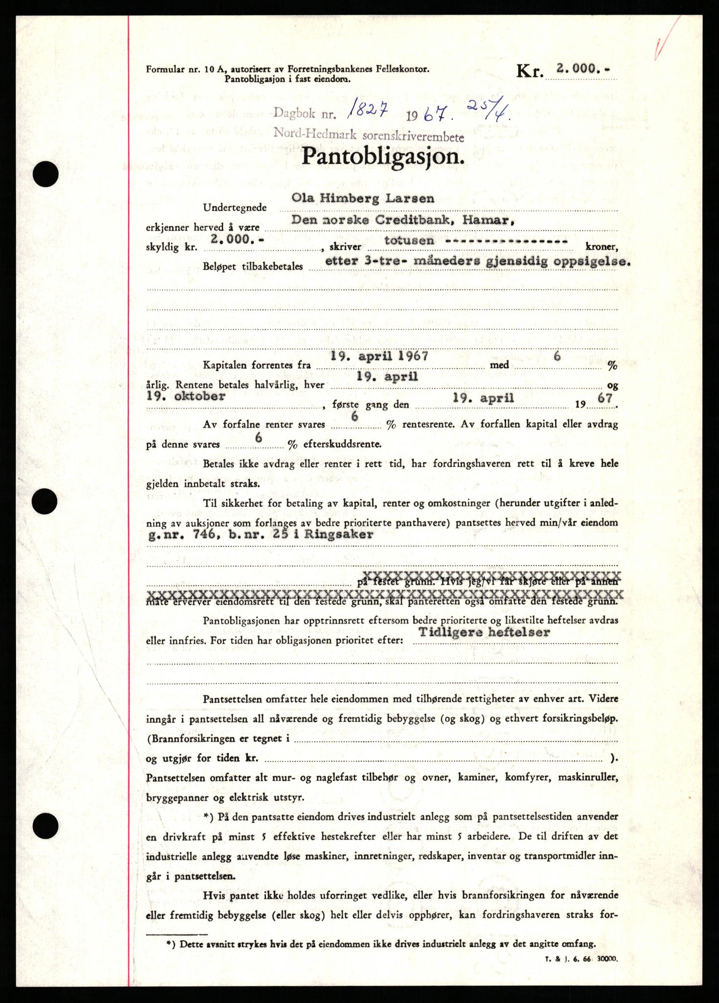 Nord-Hedmark sorenskriveri, SAH/TING-012/H/Hb/Hbf/L0071: Mortgage book no. B71, 1967-1967, Diary no: : 1827/1967