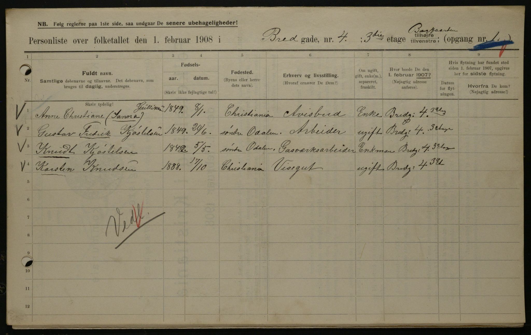 OBA, Municipal Census 1908 for Kristiania, 1908, p. 7909