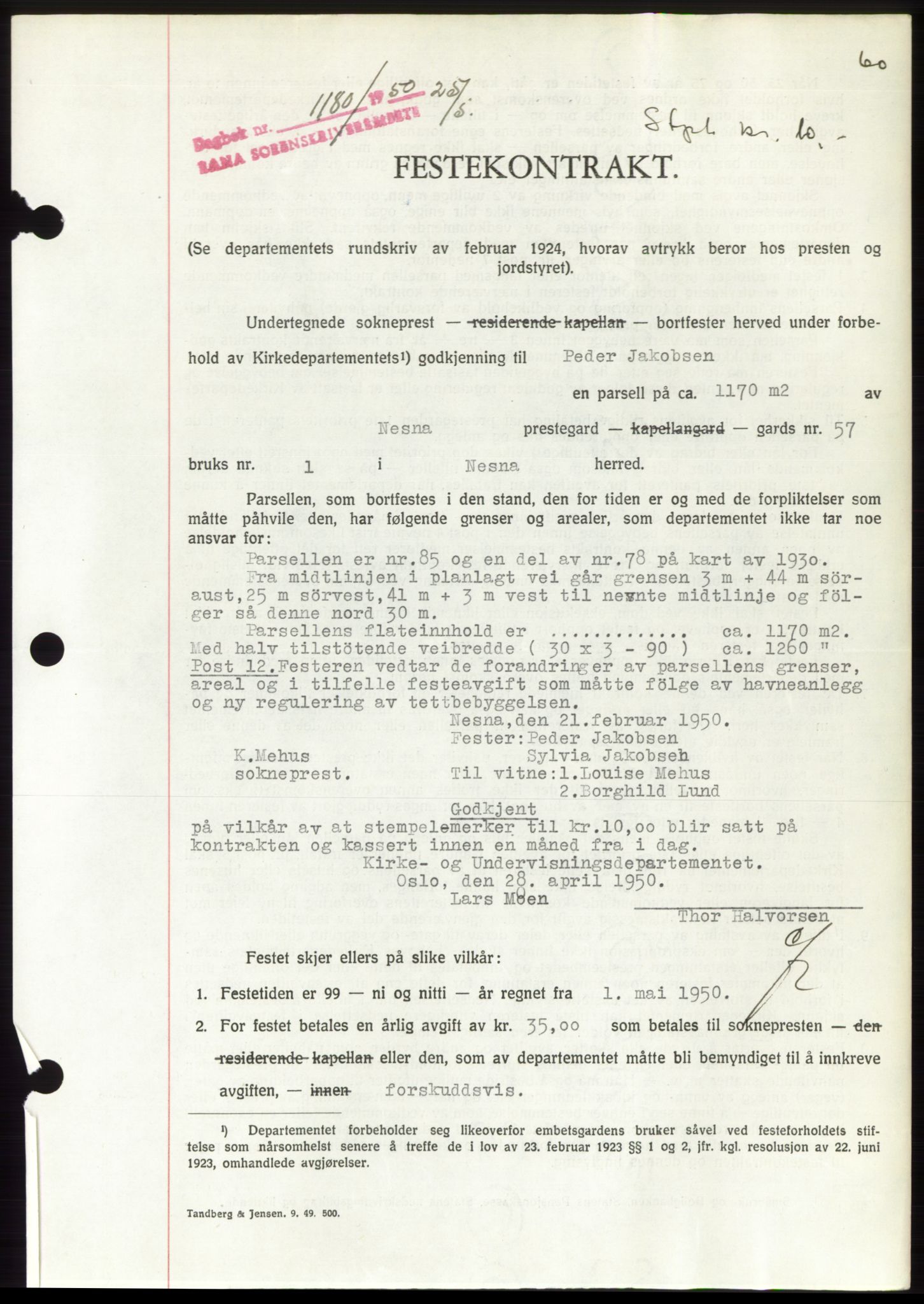 Rana sorenskriveri , AV/SAT-A-1108/1/2/2C: Mortgage book no. A 22, 1950-1950, Diary no: : 1180/1950