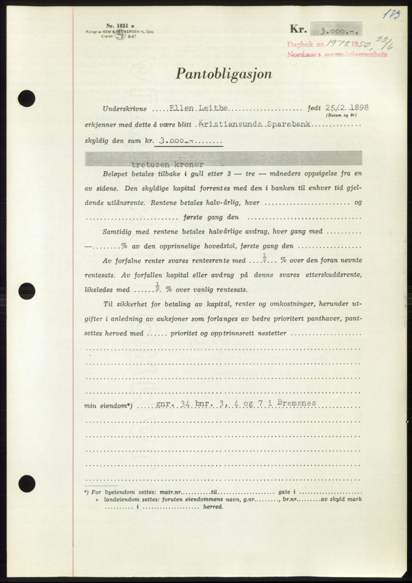 Nordmøre sorenskriveri, AV/SAT-A-4132/1/2/2Ca: Mortgage book no. B105, 1950-1950, Diary no: : 1972/1950