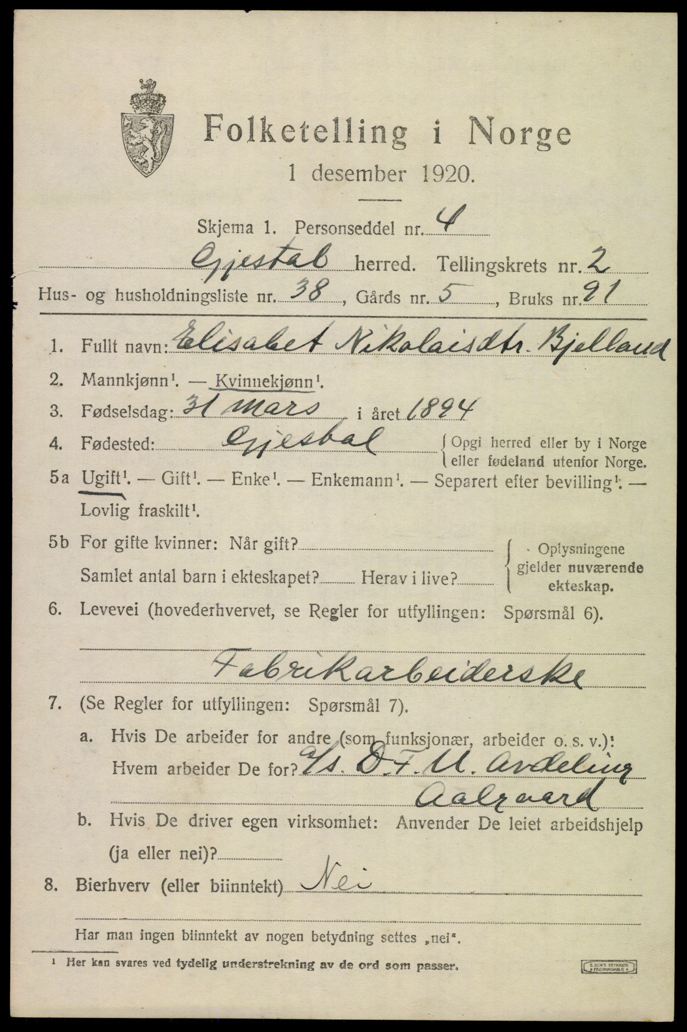 SAST, 1920 census for Gjesdal, 1920, p. 2120