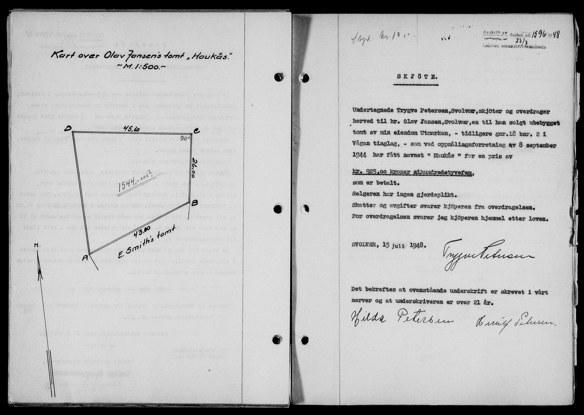 Lofoten sorenskriveri, SAT/A-0017/1/2/2C/L0018a: Mortgage book no. 18a, 1948-1948, Diary no: : 1596/1948