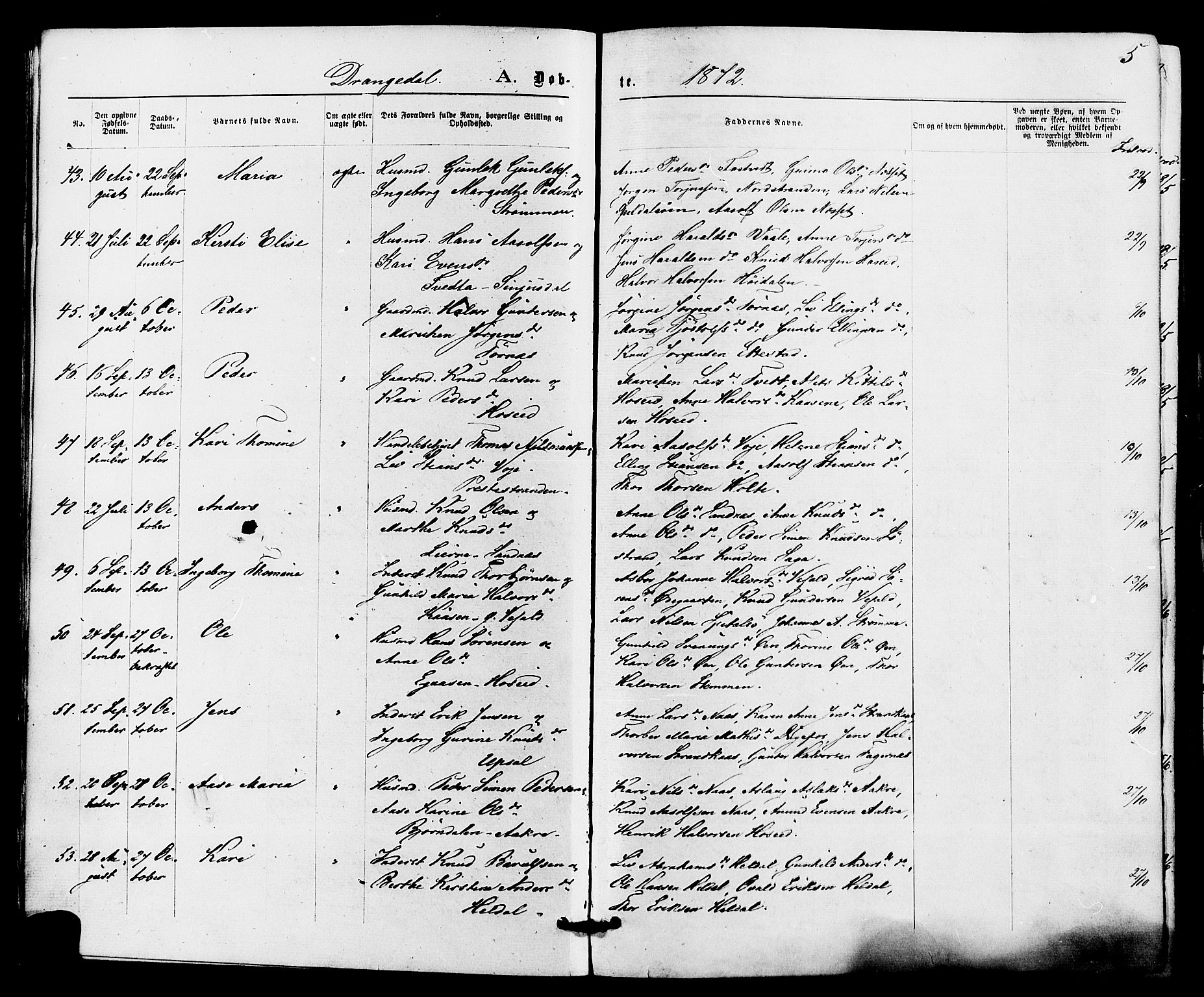Drangedal kirkebøker, SAKO/A-258/F/Fa/L0009: Parish register (official) no. 9 /1, 1872-1884, p. 5