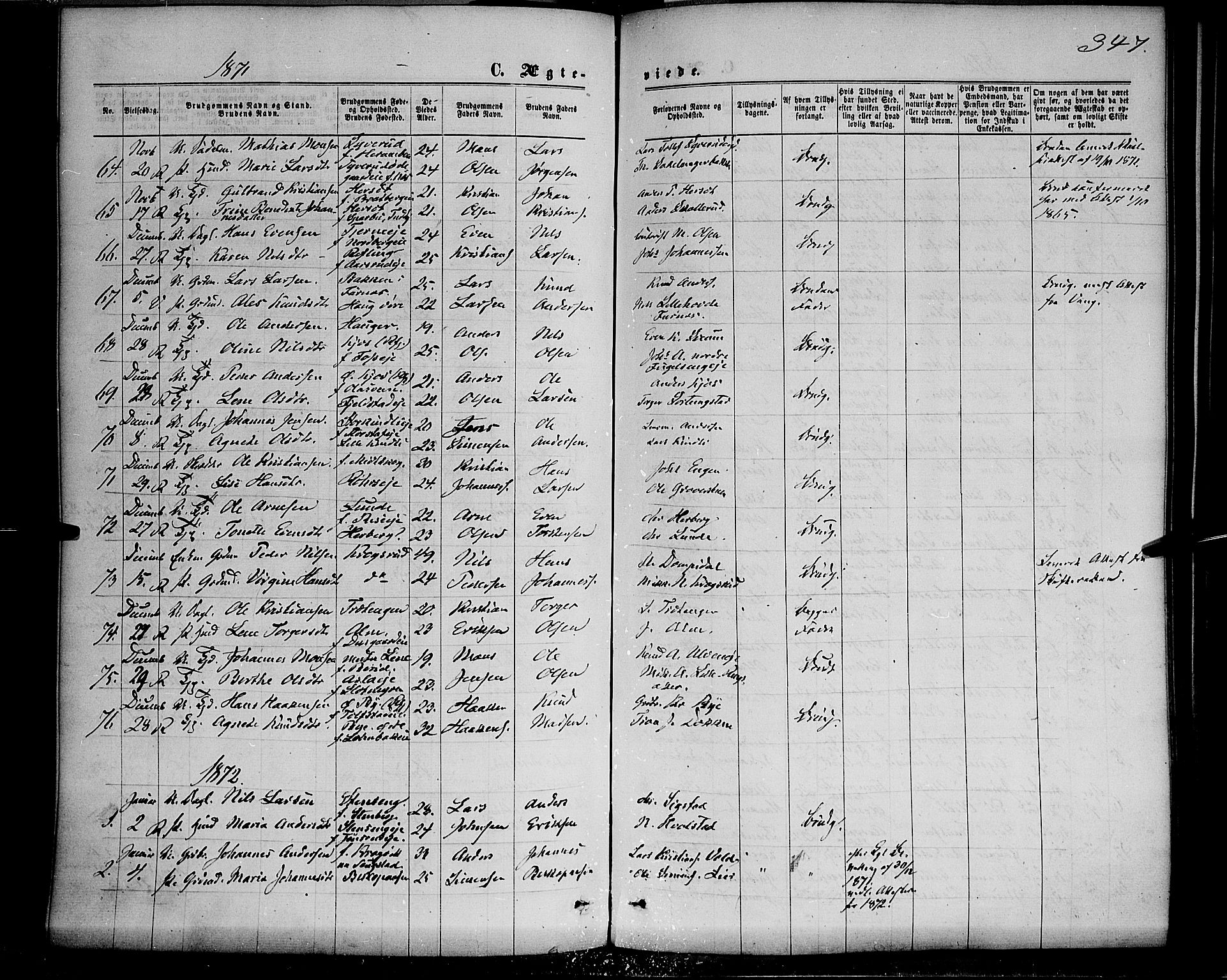 Ringsaker prestekontor, AV/SAH-PREST-014/K/Ka/L0011: Parish register (official) no. 11, 1870-1878, p. 347